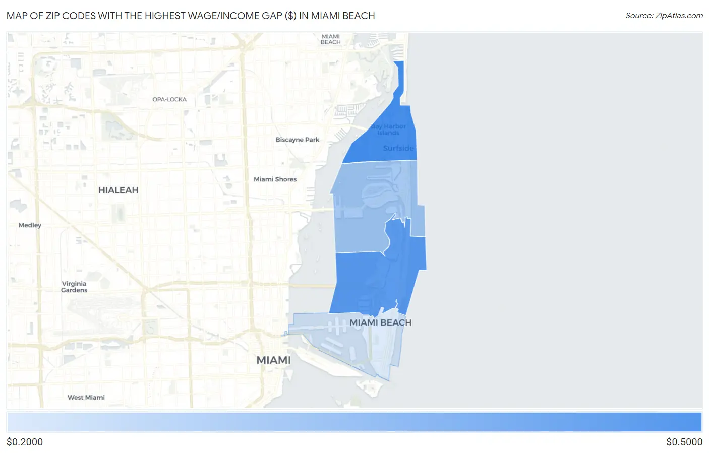 Zip Codes with the Highest Wage/Income Gap ($) in Miami Beach Map