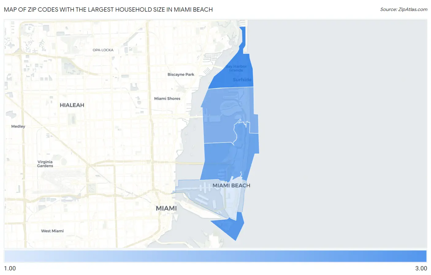 Zip Codes with the Largest Household Size in Miami Beach Map