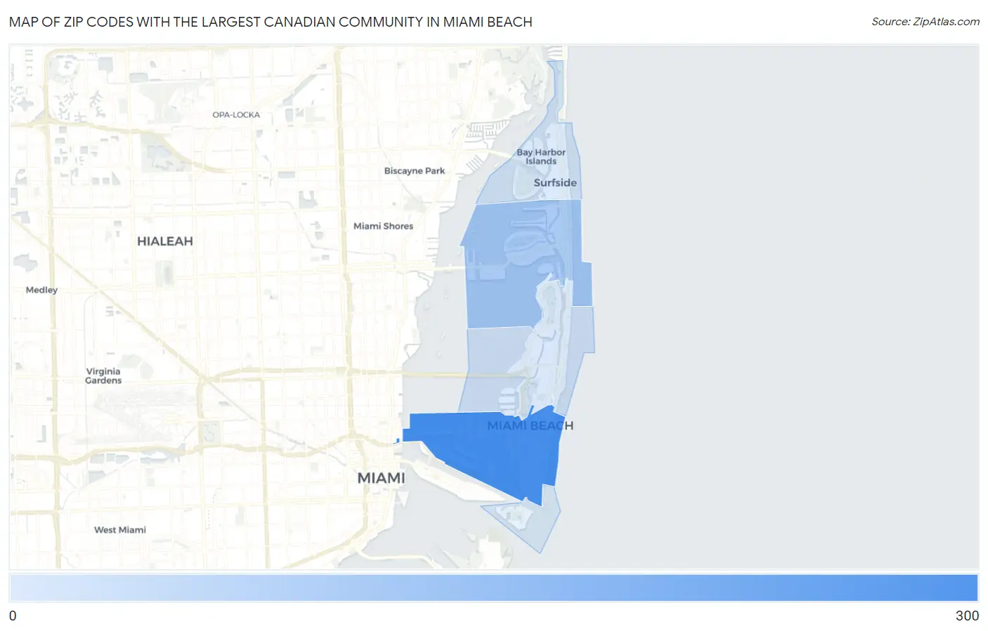 Zip Codes with the Largest Canadian Community in Miami Beach Map