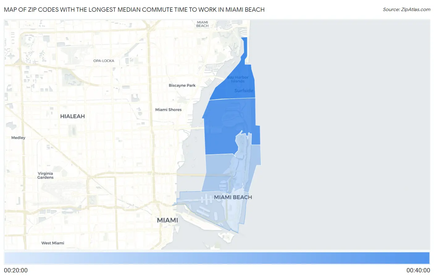 Zip Codes with the Longest Median Commute Time to Work in Miami Beach Map