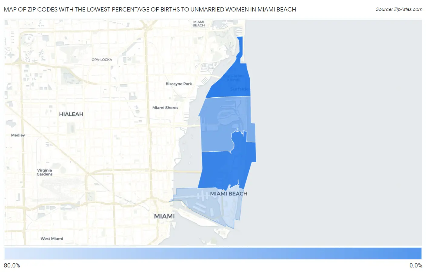 Zip Codes with the Lowest Percentage of Births to Unmarried Women in Miami Beach Map