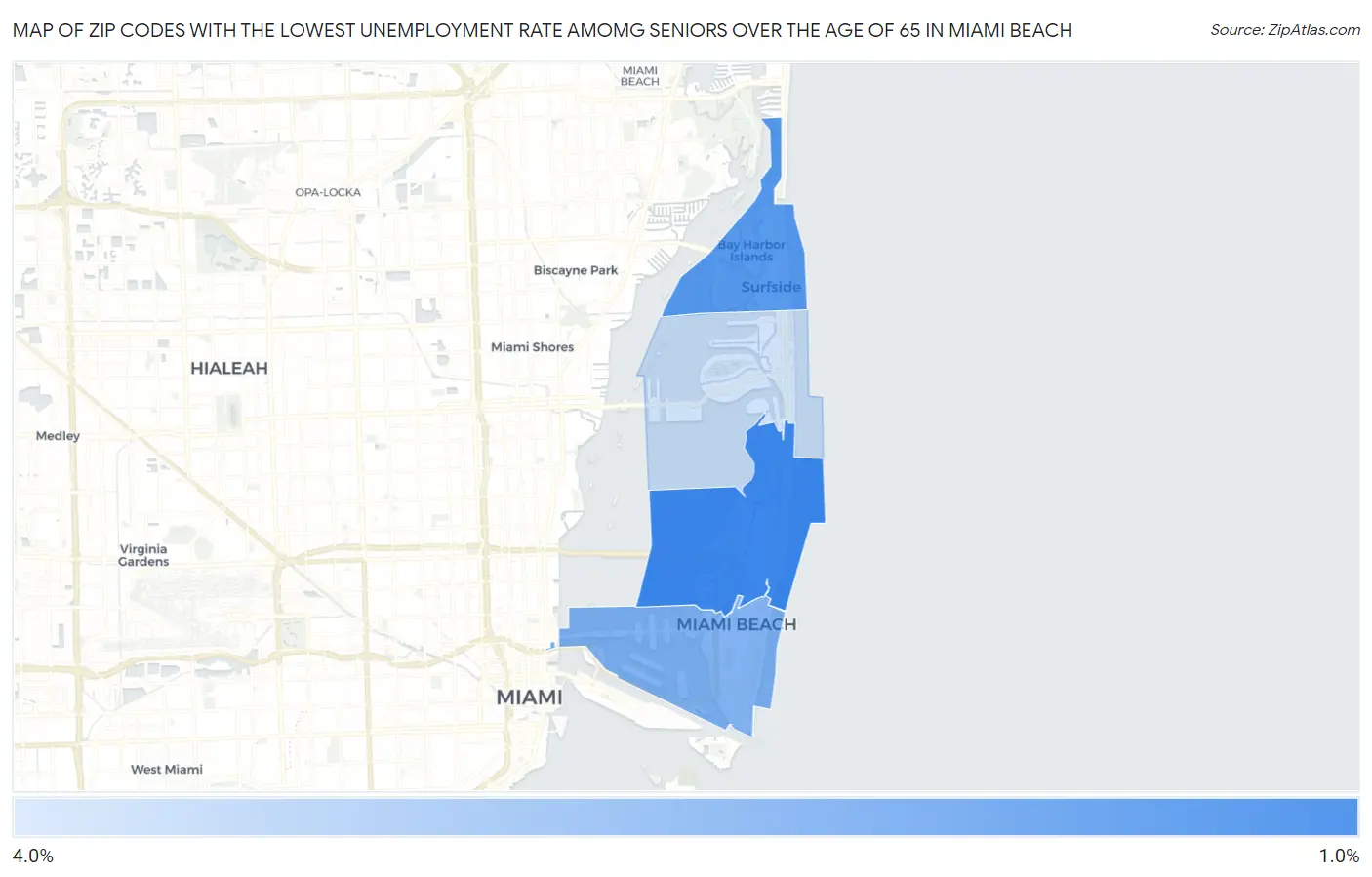 Zip Codes with the Lowest Unemployment Rate Amomg Seniors Over the Age of 65 in Miami Beach Map