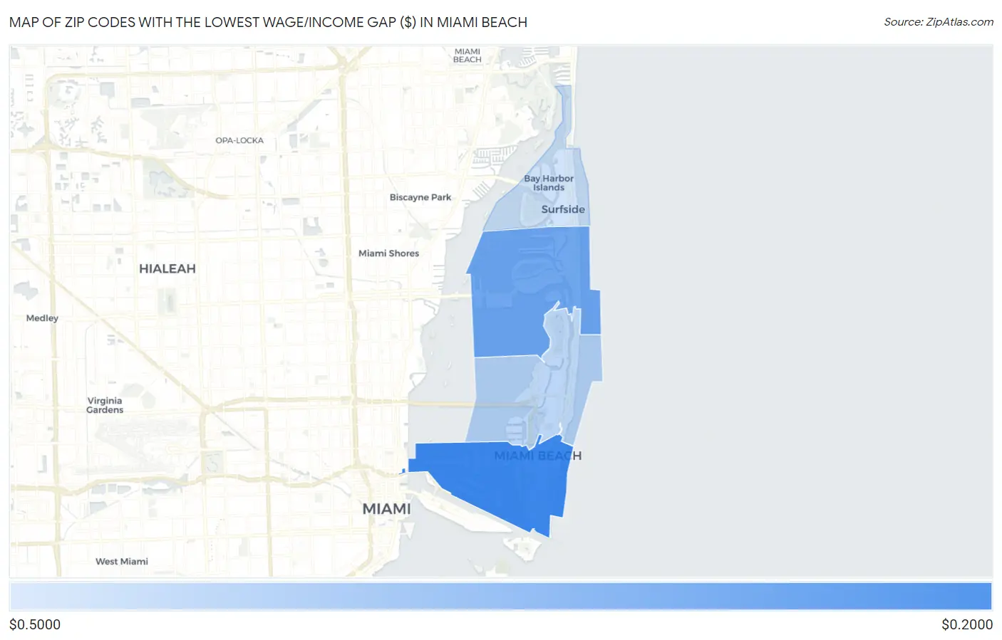 Zip Codes with the Lowest Wage/Income Gap ($) in Miami Beach Map