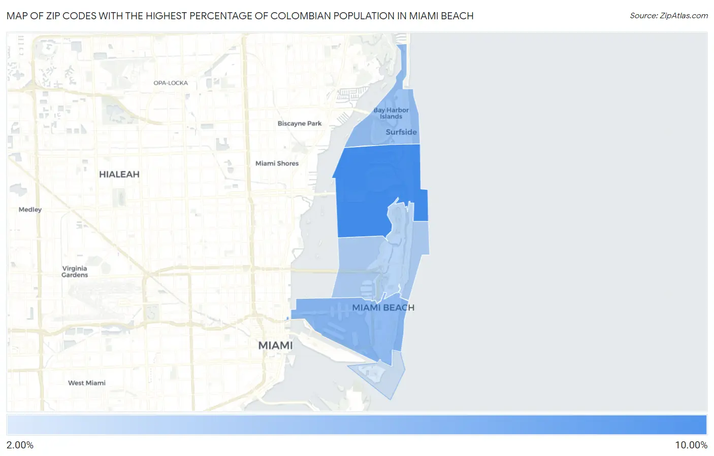 Zip Codes with the Highest Percentage of Colombian Population in Miami Beach Map