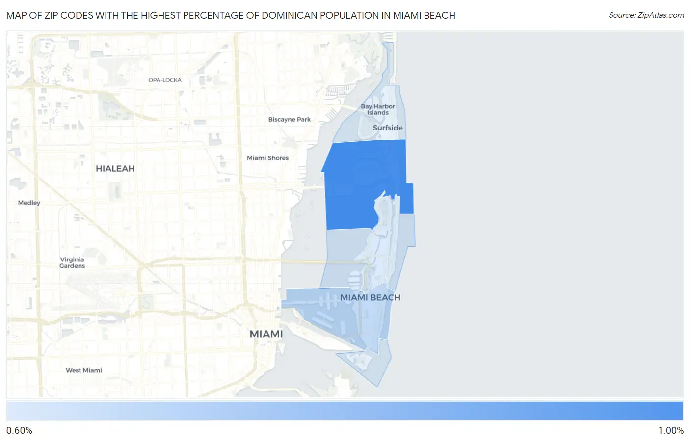 Zip Codes with the Highest Percentage of Dominican Population in Miami Beach Map