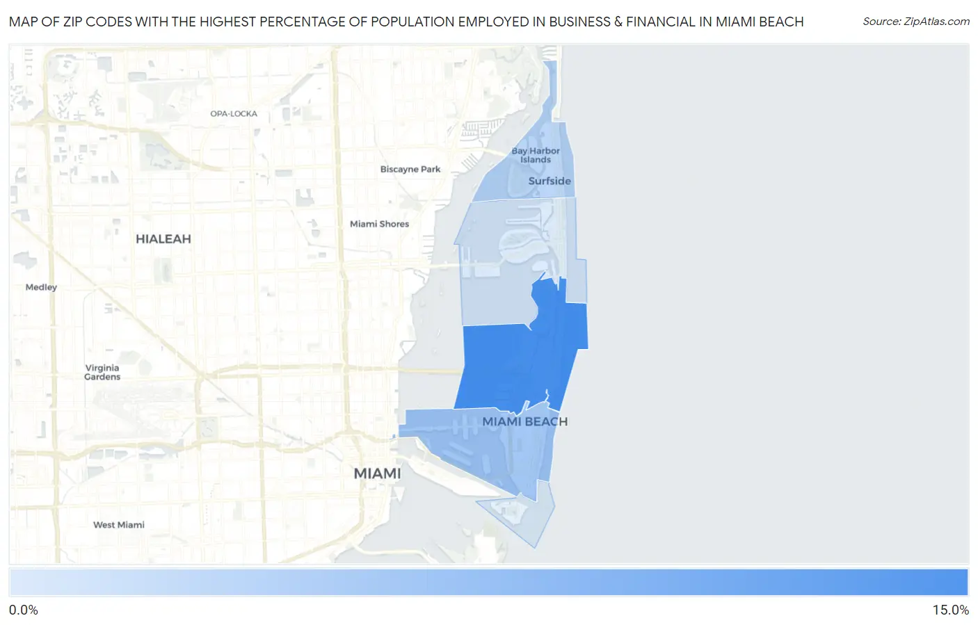Zip Codes with the Highest Percentage of Population Employed in Business & Financial in Miami Beach Map