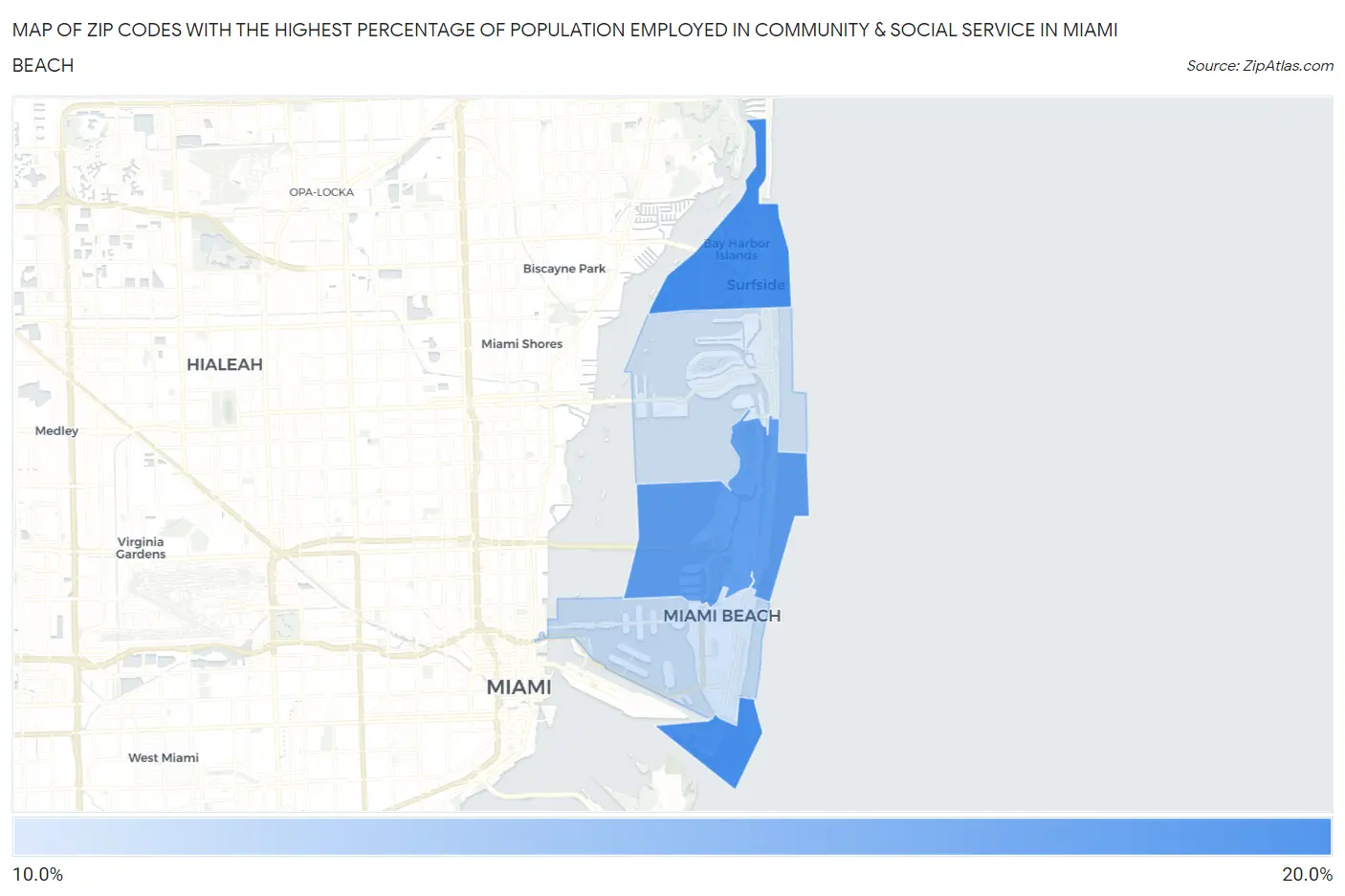 Zip Codes with the Highest Percentage of Population Employed in Community & Social Service  in Miami Beach Map