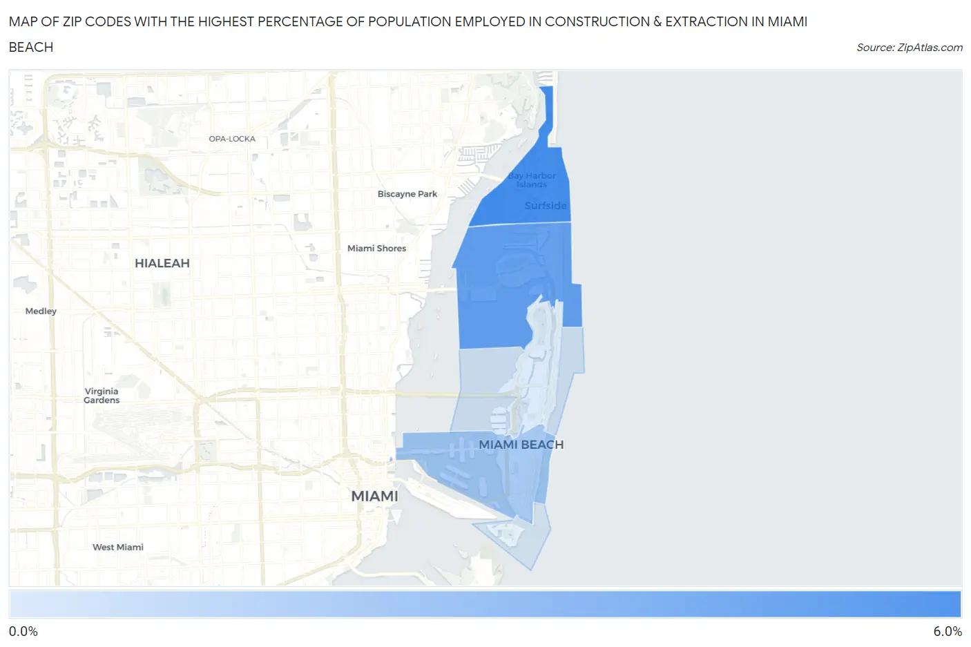 Zip Codes with the Highest Percentage of Population Employed in Construction & Extraction in Miami Beach Map