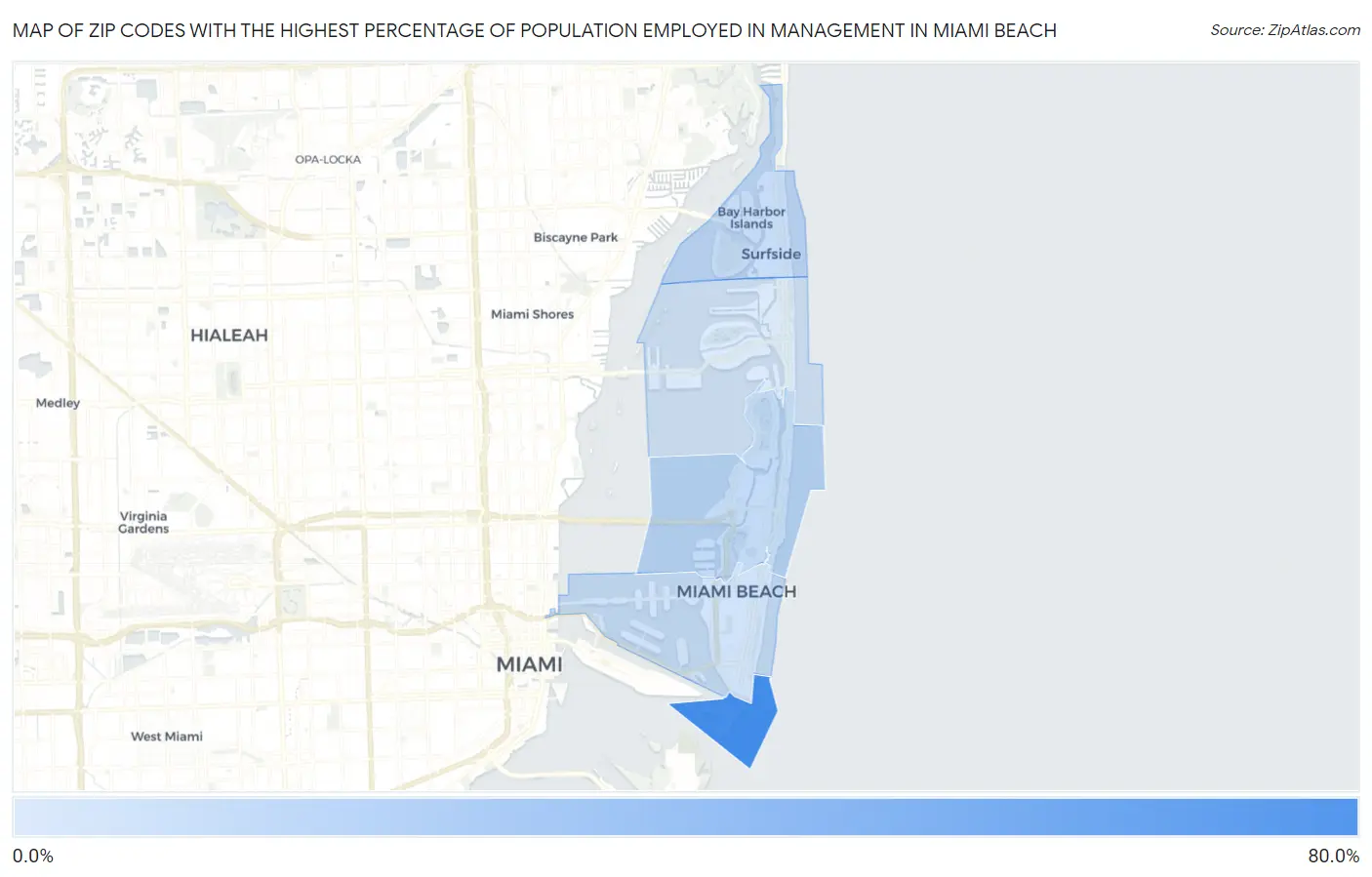 Zip Codes with the Highest Percentage of Population Employed in Management in Miami Beach Map