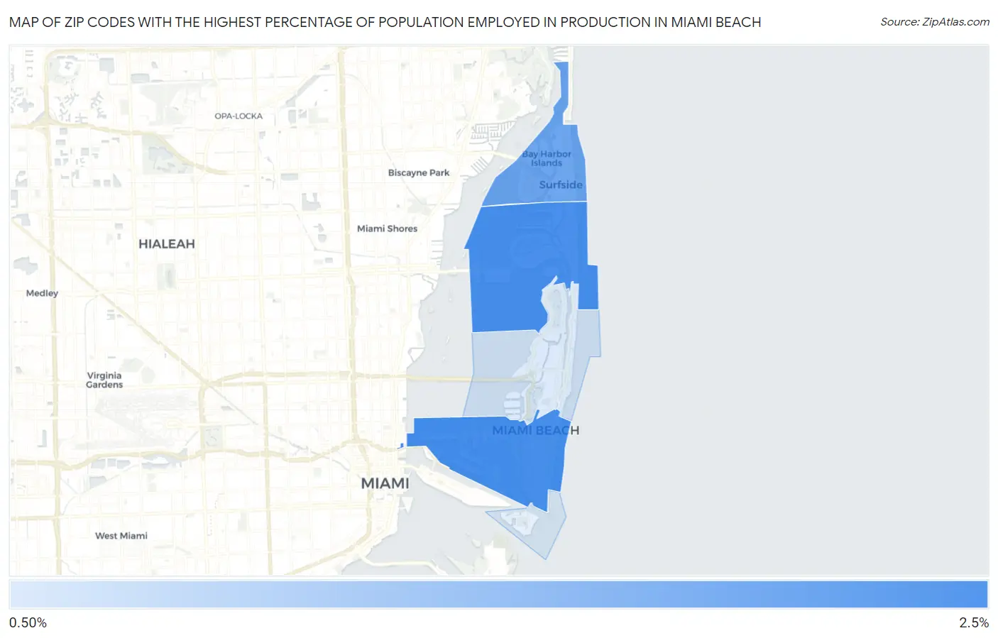 Zip Codes with the Highest Percentage of Population Employed in Production in Miami Beach Map