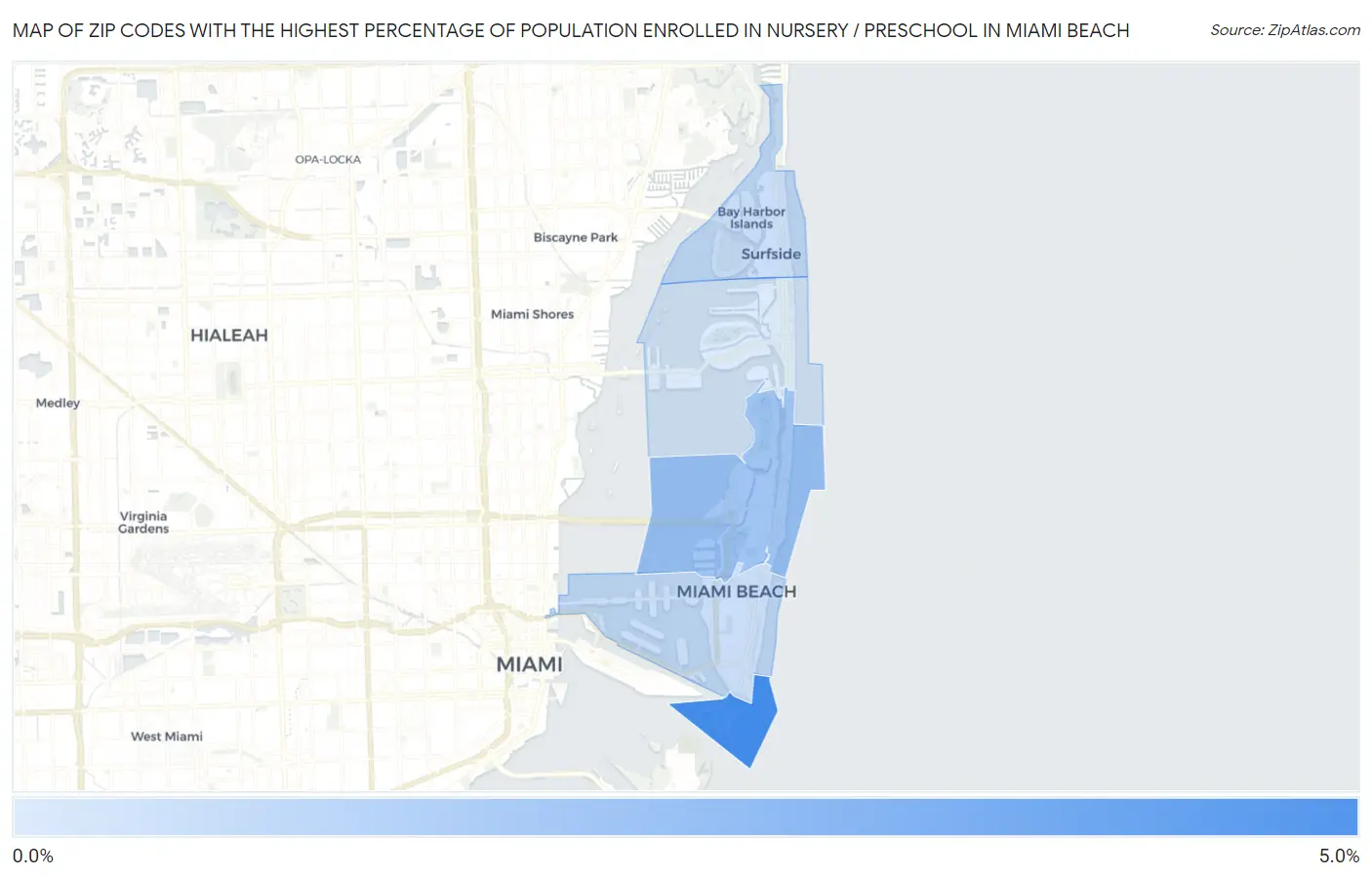 Zip Codes with the Highest Percentage of Population Enrolled in Nursery / Preschool in Miami Beach Map