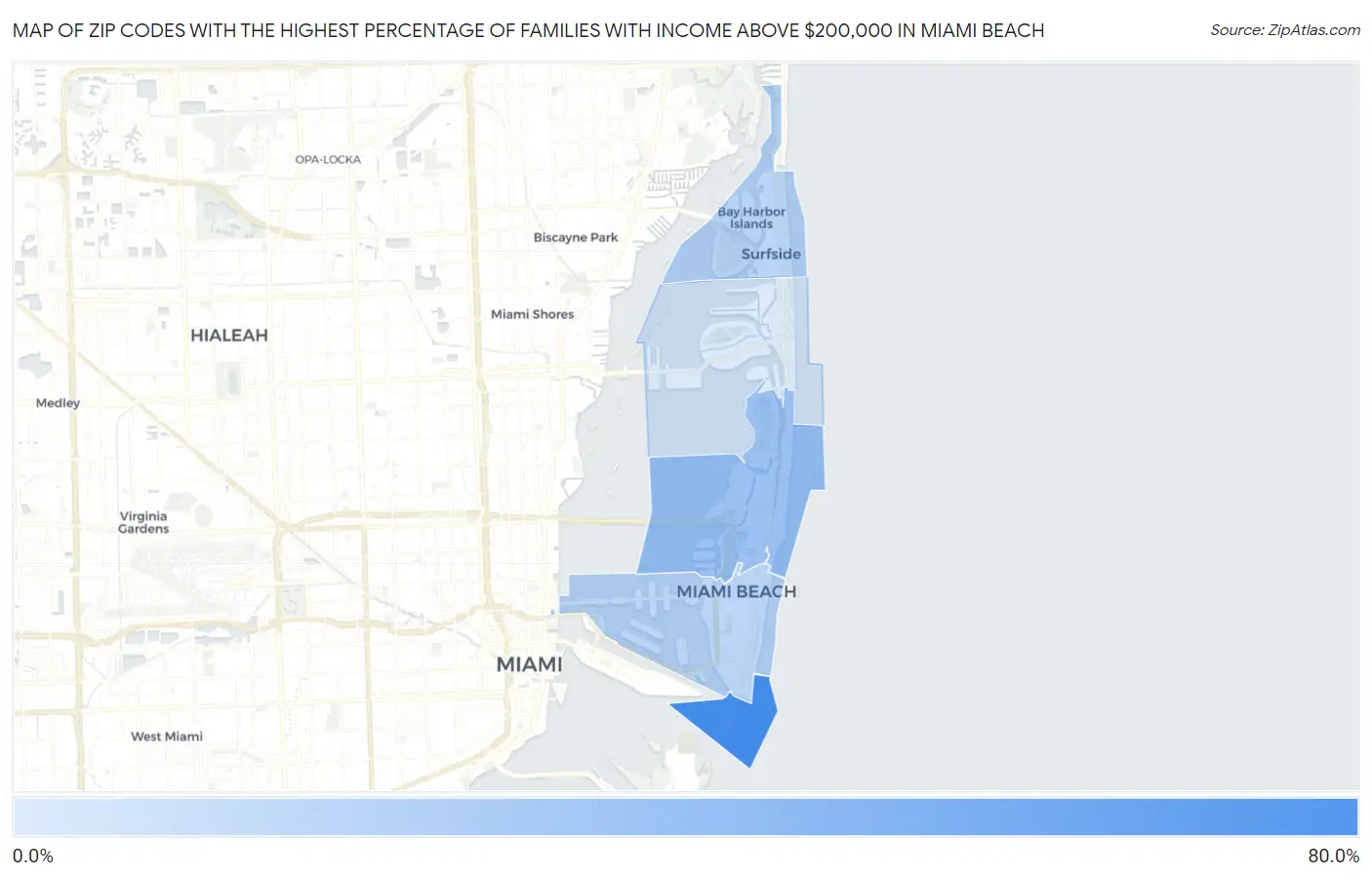 Zip Codes with the Highest Percentage of Families with Income Above $200,000 in Miami Beach Map