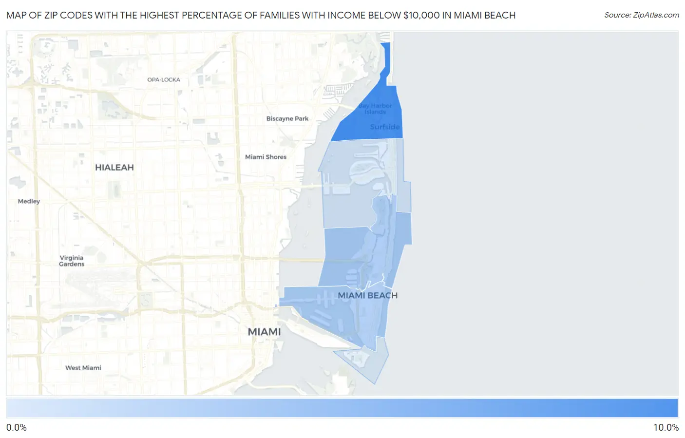 Zip Codes with the Highest Percentage of Families with Income Below $10,000 in Miami Beach Map