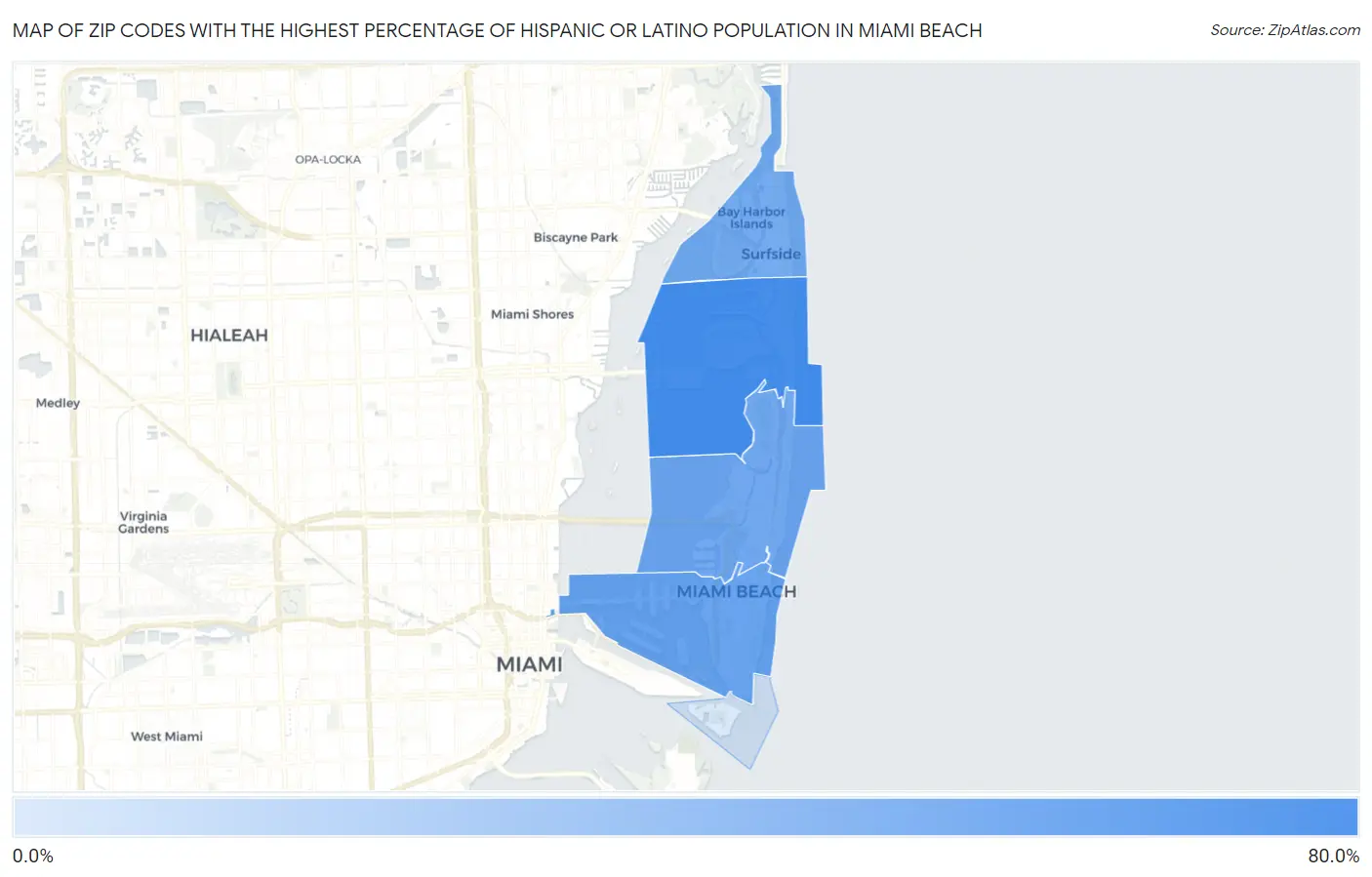 Zip Codes with the Highest Percentage of Hispanic or Latino Population in Miami Beach Map