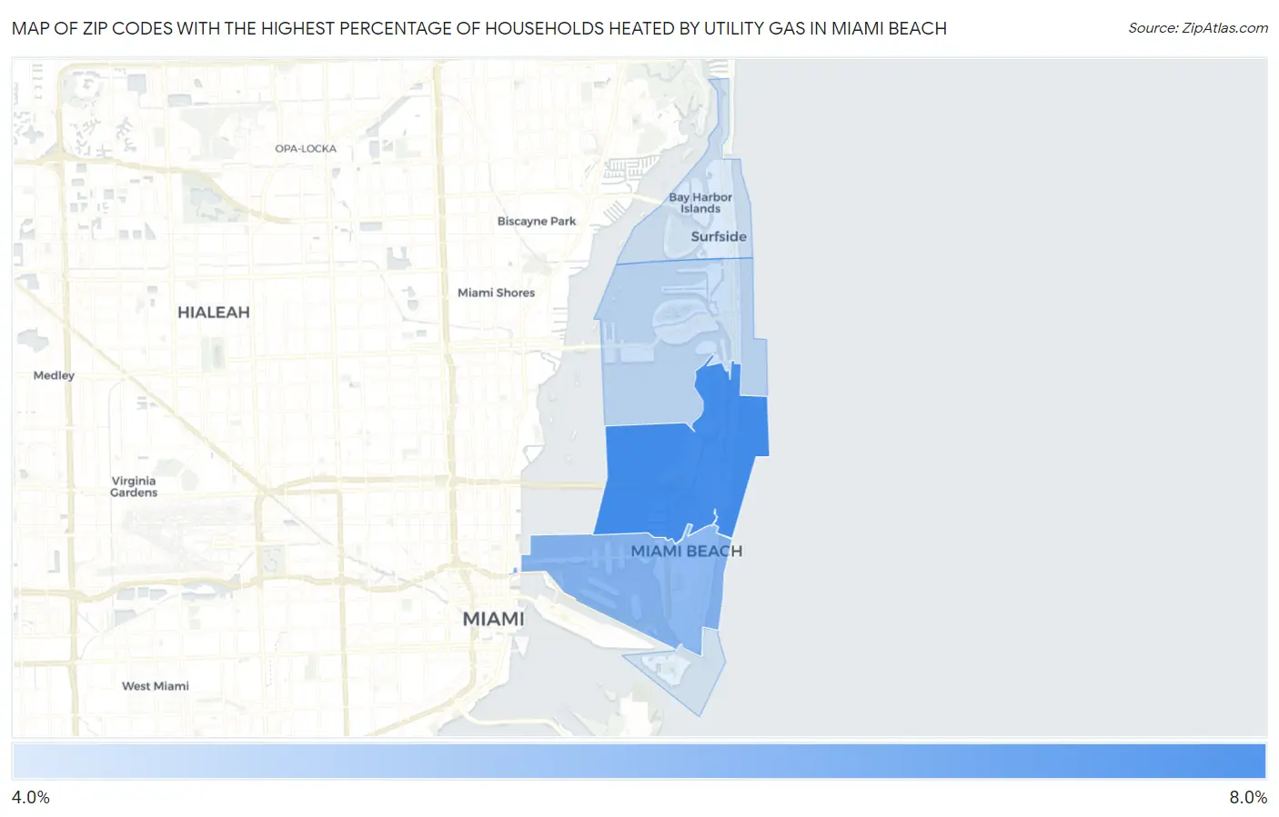 Zip Codes with the Highest Percentage of Households Heated by Utility Gas in Miami Beach Map