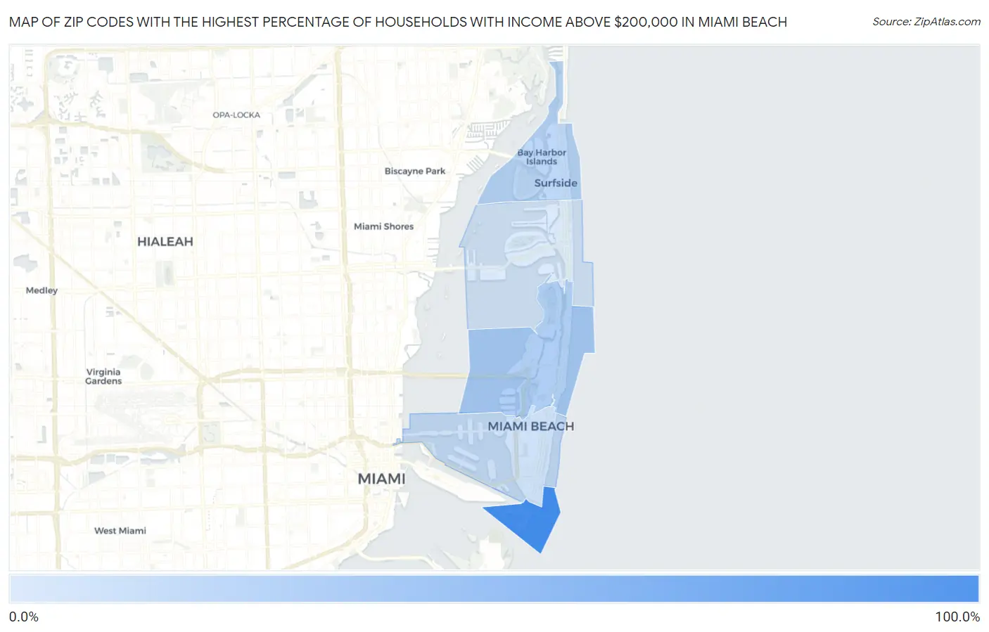 Zip Codes with the Highest Percentage of Households with Income Above $200,000 in Miami Beach Map