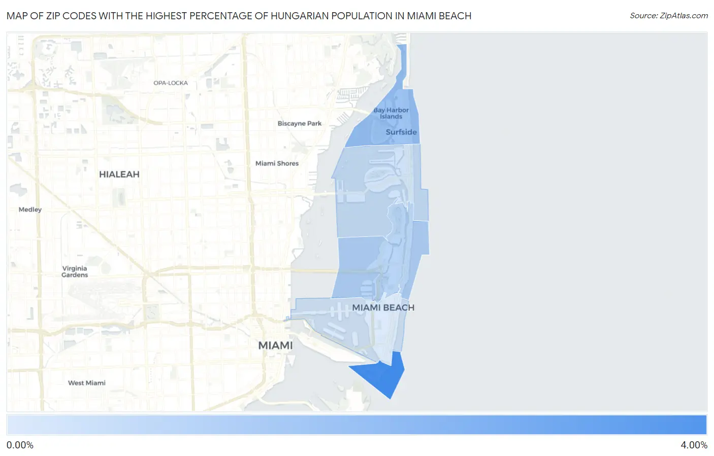 Zip Codes with the Highest Percentage of Hungarian Population in Miami Beach Map