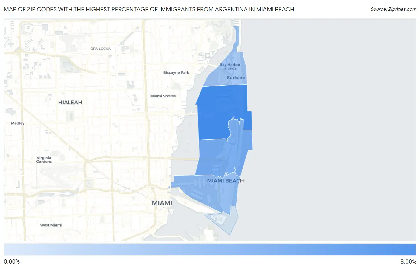Zip Codes with the Highest Percentage of Immigrants from Argentina in Miami Beach Map