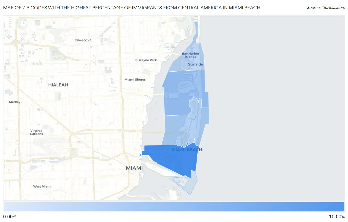 Zip Codes with the Highest Percentage of Immigrants from Central America in Miami Beach Map