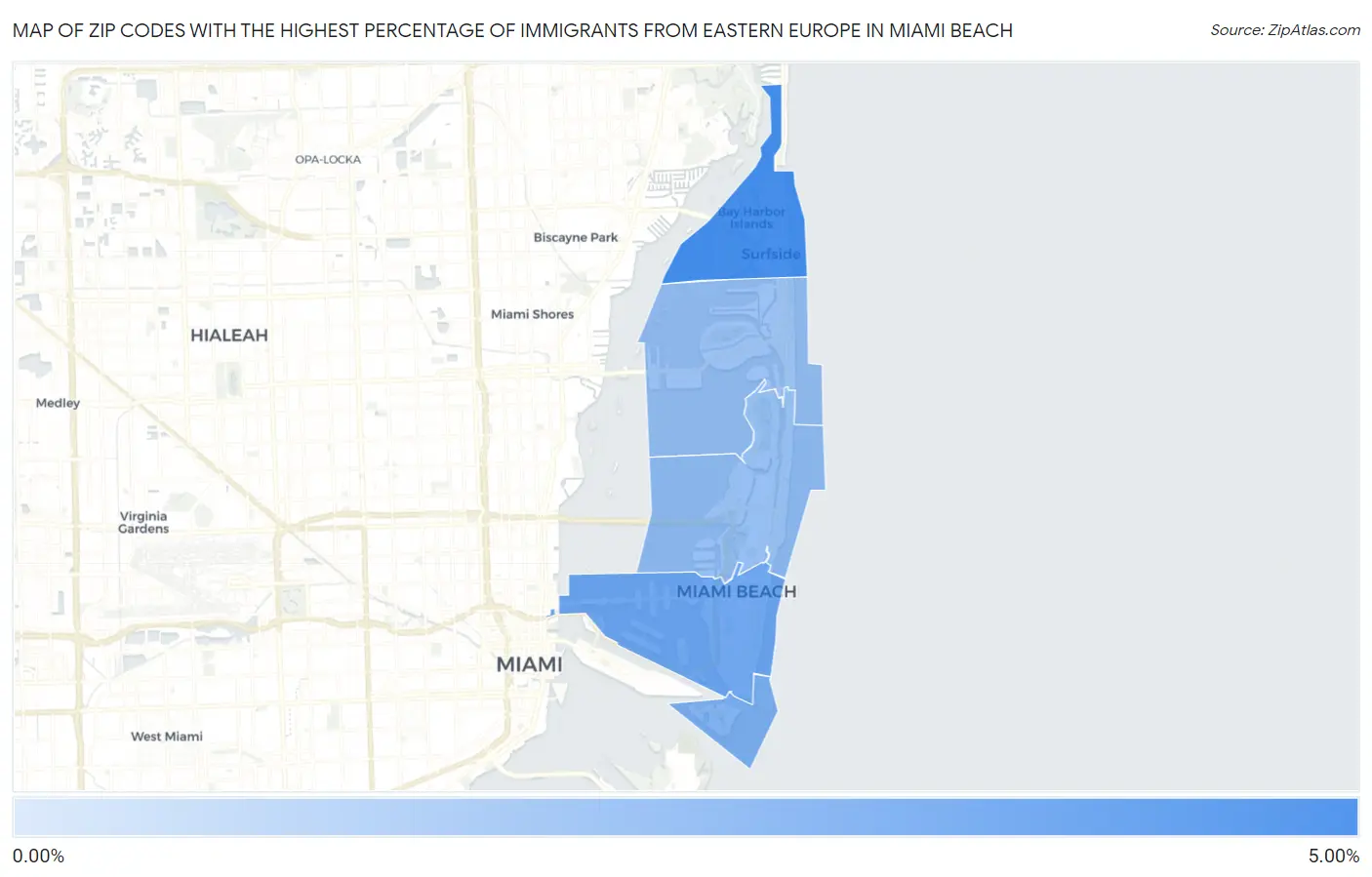 Zip Codes with the Highest Percentage of Immigrants from Eastern Europe in Miami Beach Map