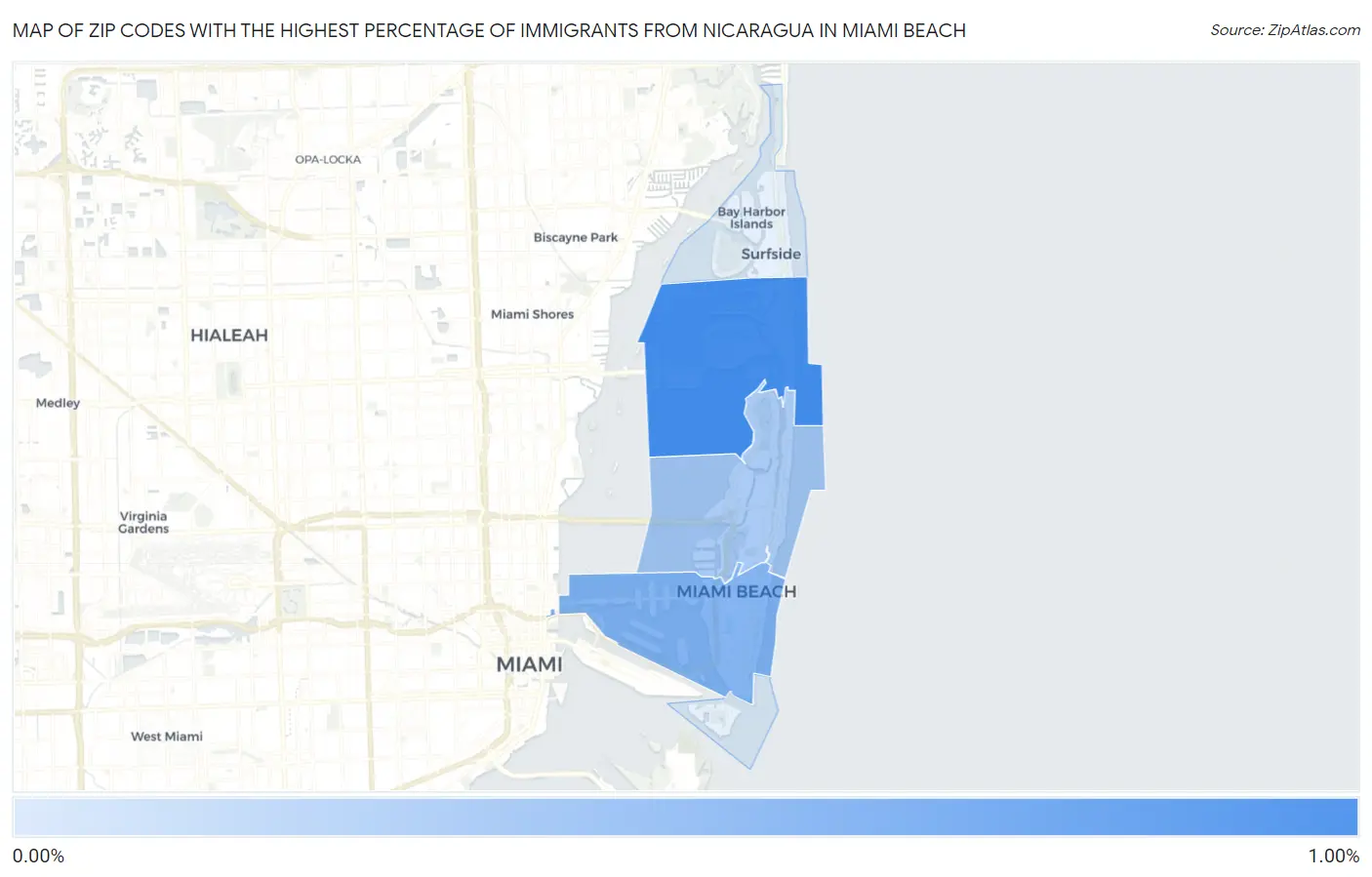 Zip Codes with the Highest Percentage of Immigrants from Nicaragua in Miami Beach Map