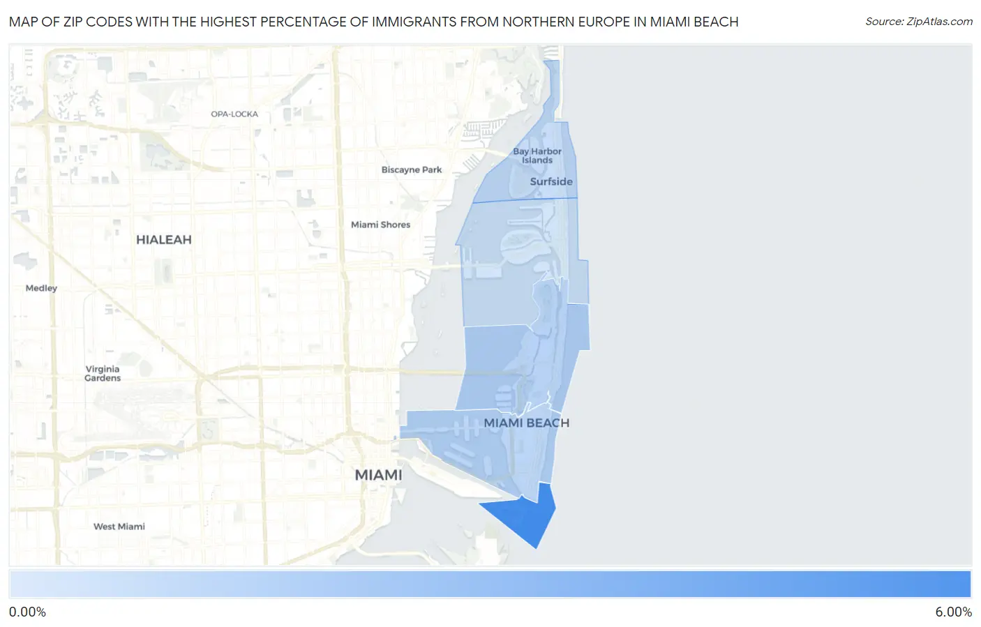 Zip Codes with the Highest Percentage of Immigrants from Northern Europe in Miami Beach Map