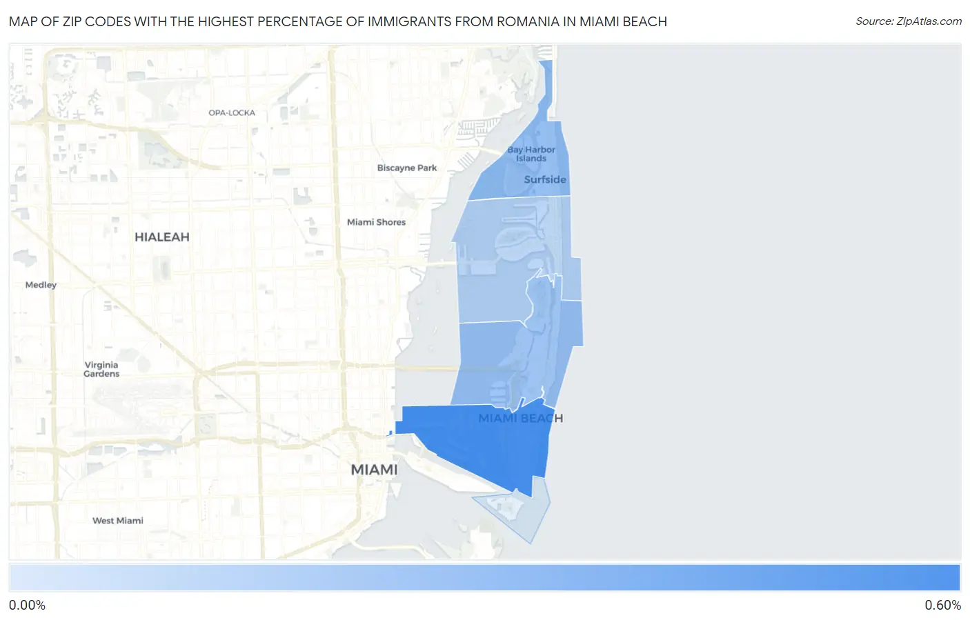 Zip Codes with the Highest Percentage of Immigrants from Romania in Miami Beach Map