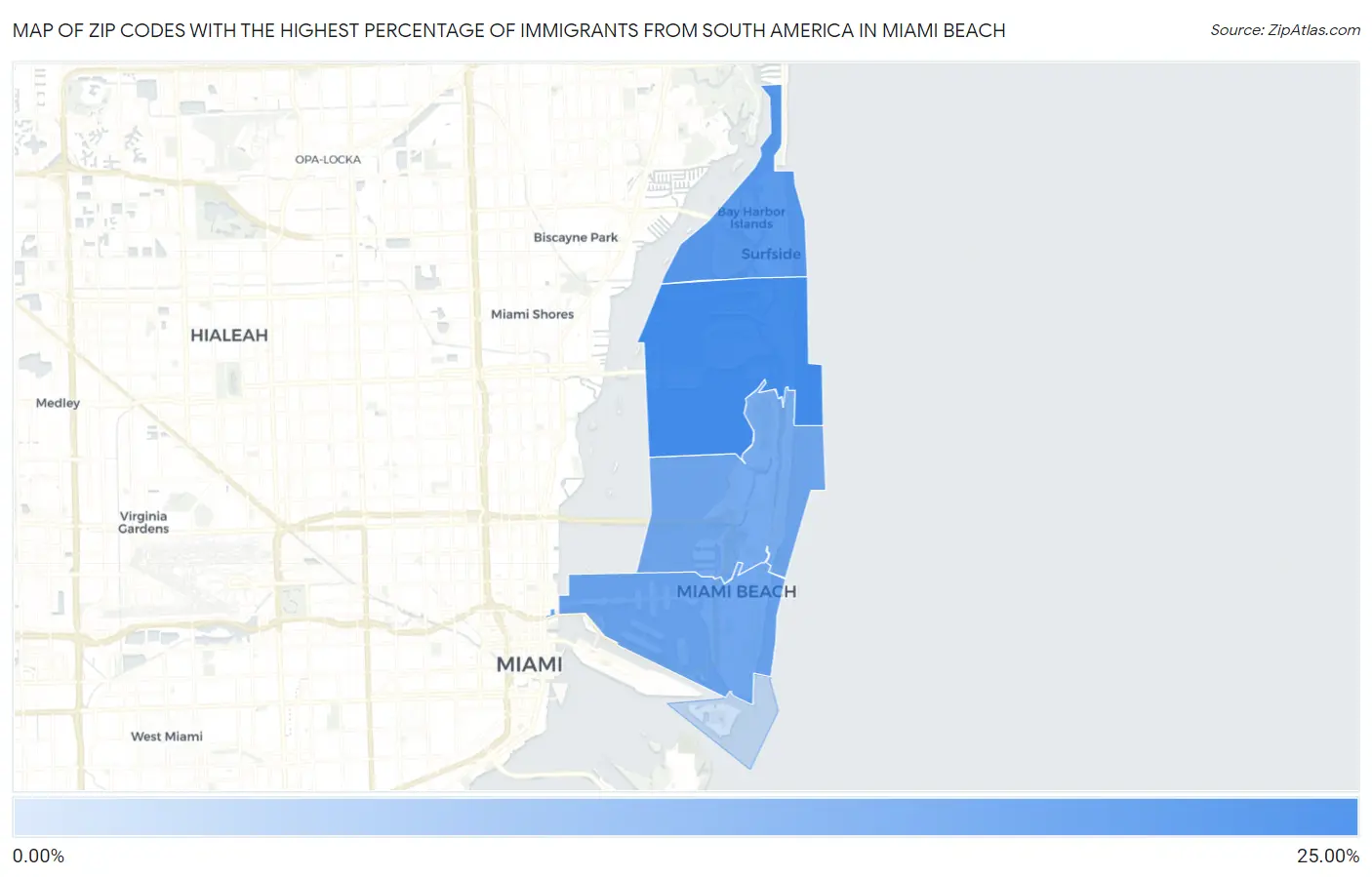 Zip Codes with the Highest Percentage of Immigrants from South America in Miami Beach Map