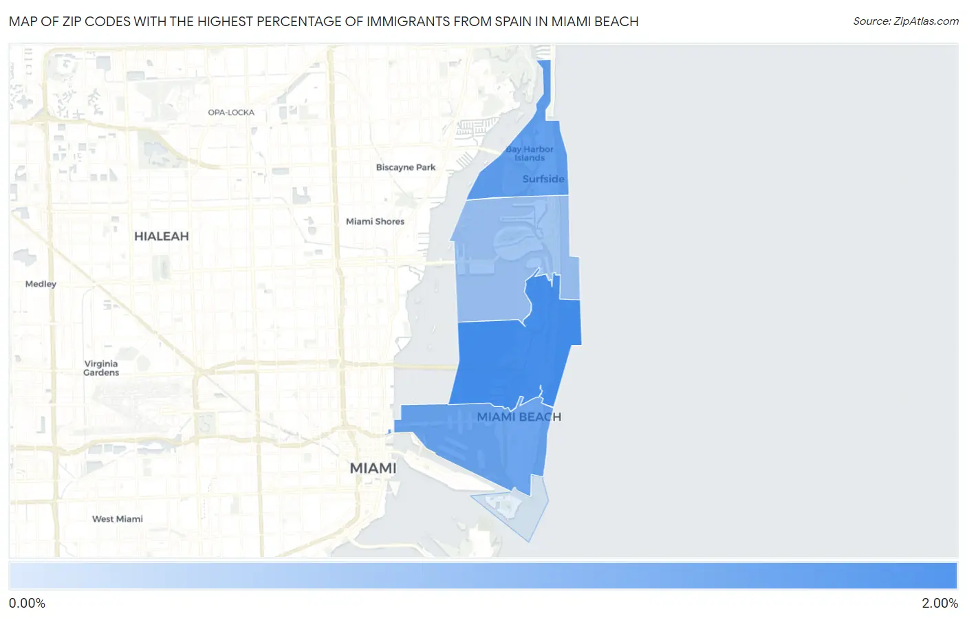 Zip Codes with the Highest Percentage of Immigrants from Spain in Miami Beach Map