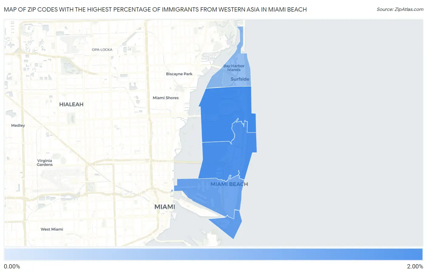 Zip Codes with the Highest Percentage of Immigrants from Western Asia in Miami Beach Map
