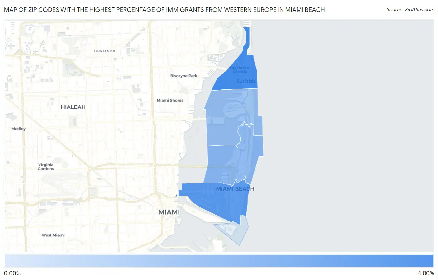 Zip Codes with the Highest Percentage of Immigrants from Western Europe in Miami Beach Map