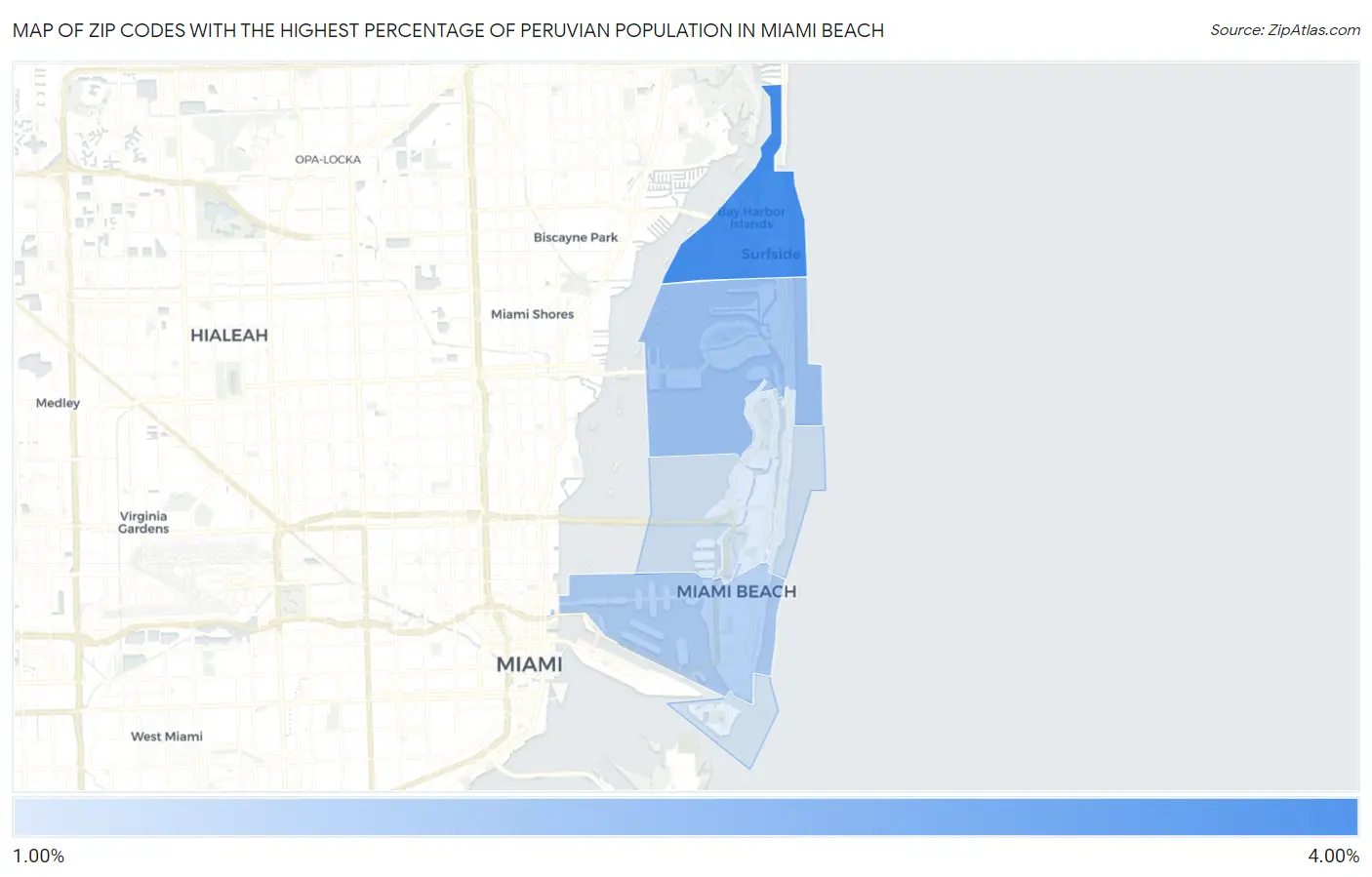 Zip Codes with the Highest Percentage of Peruvian Population in Miami Beach Map