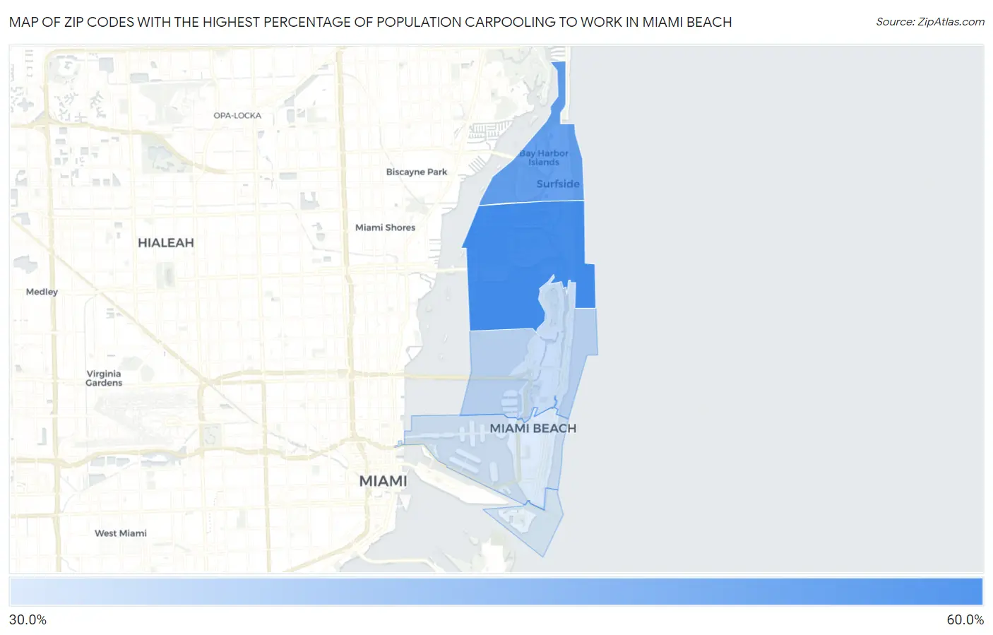 Zip Codes with the Highest Percentage of Population Carpooling to Work in Miami Beach Map