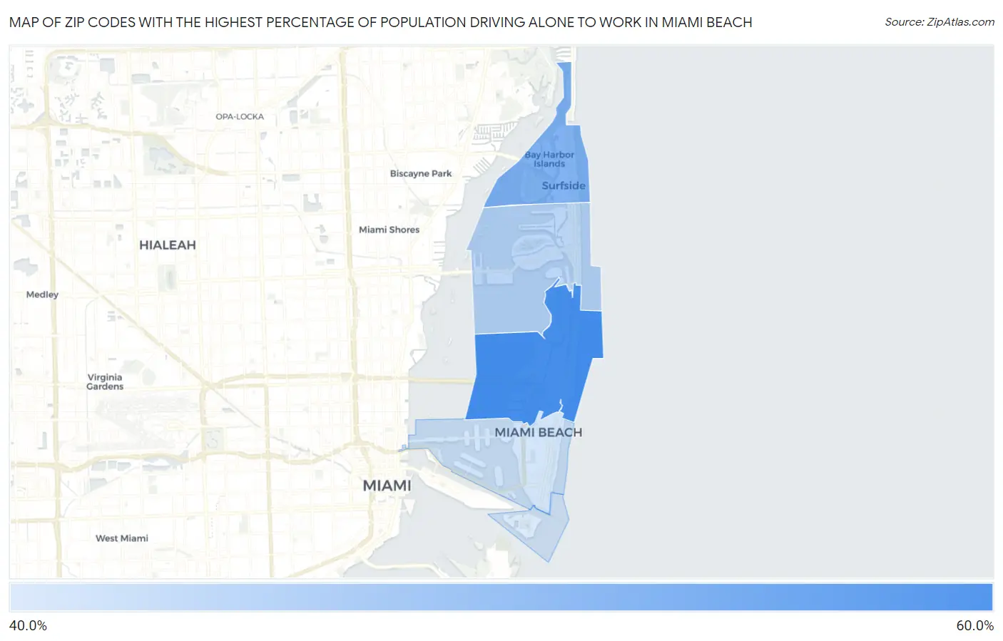 Zip Codes with the Highest Percentage of Population Driving Alone to Work in Miami Beach Map