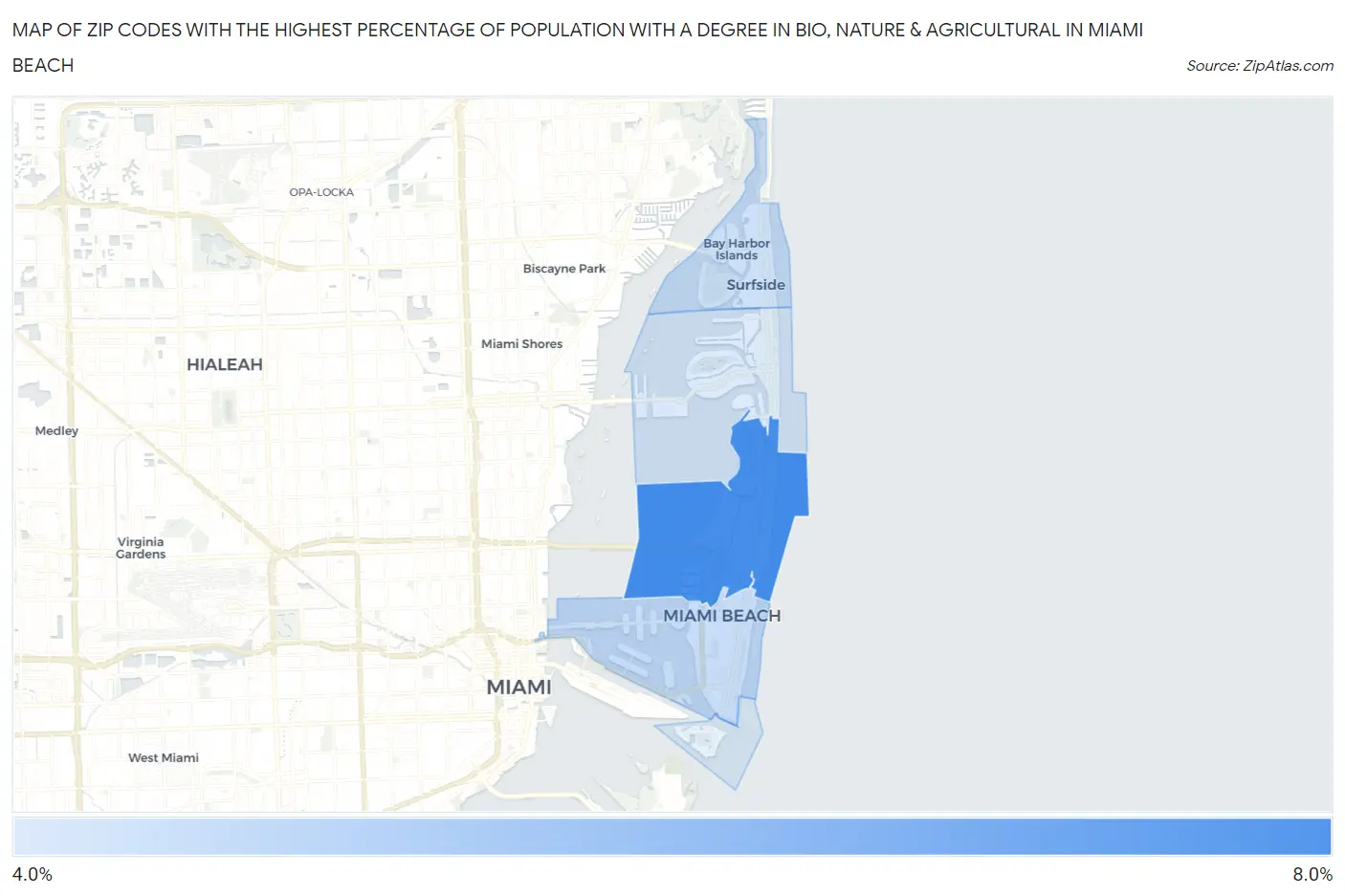 Zip Codes with the Highest Percentage of Population with a Degree in Bio, Nature & Agricultural in Miami Beach Map