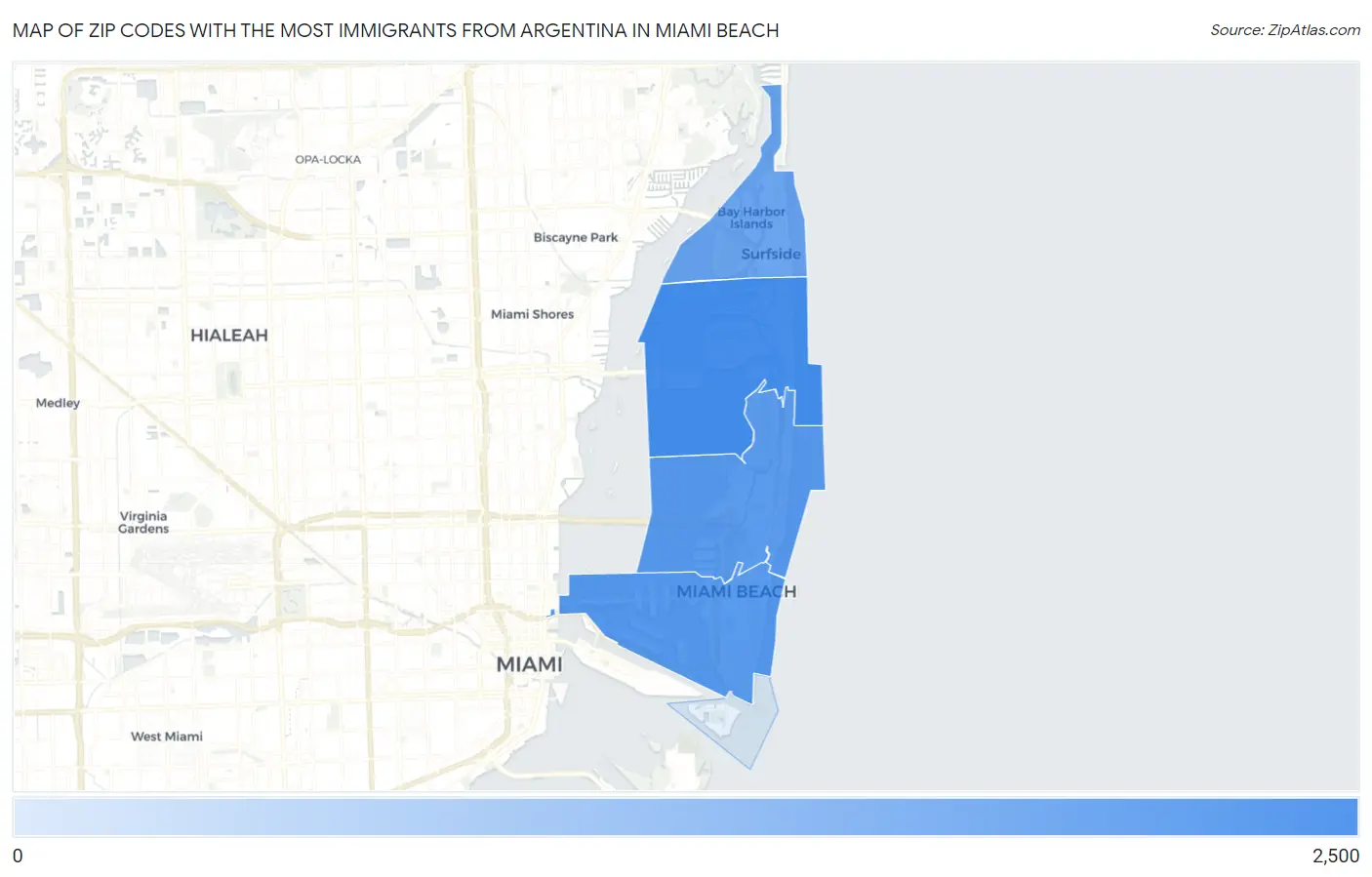 Zip Codes with the Most Immigrants from Argentina in Miami Beach Map