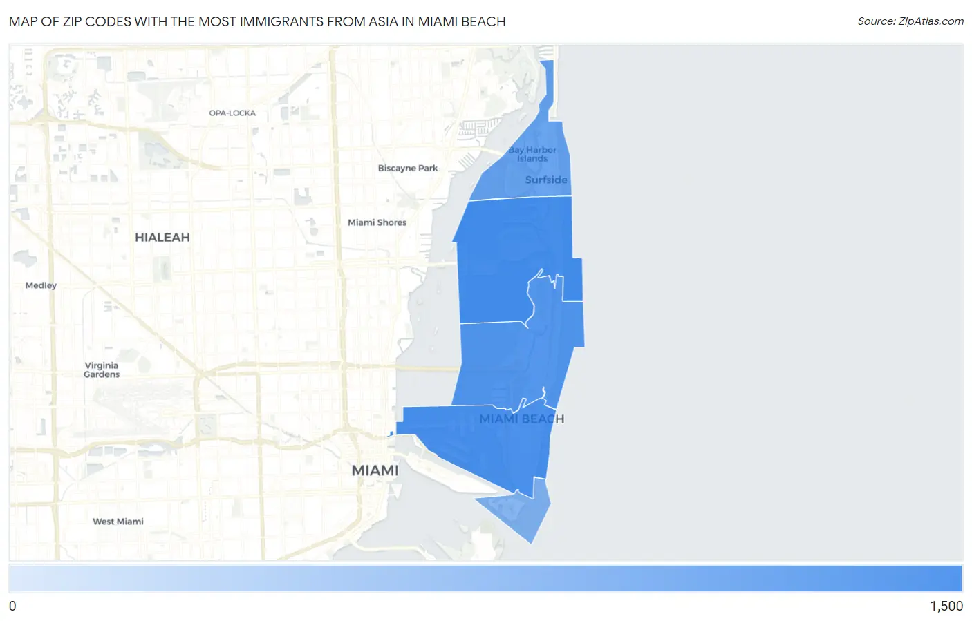 Zip Codes with the Most Immigrants from Asia in Miami Beach Map
