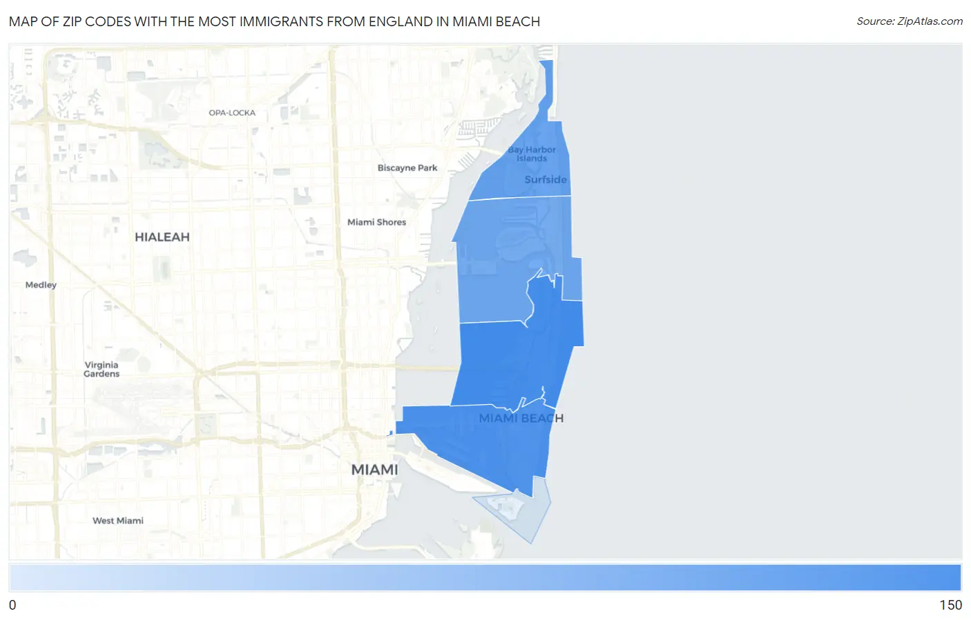 Zip Codes with the Most Immigrants from England in Miami Beach Map