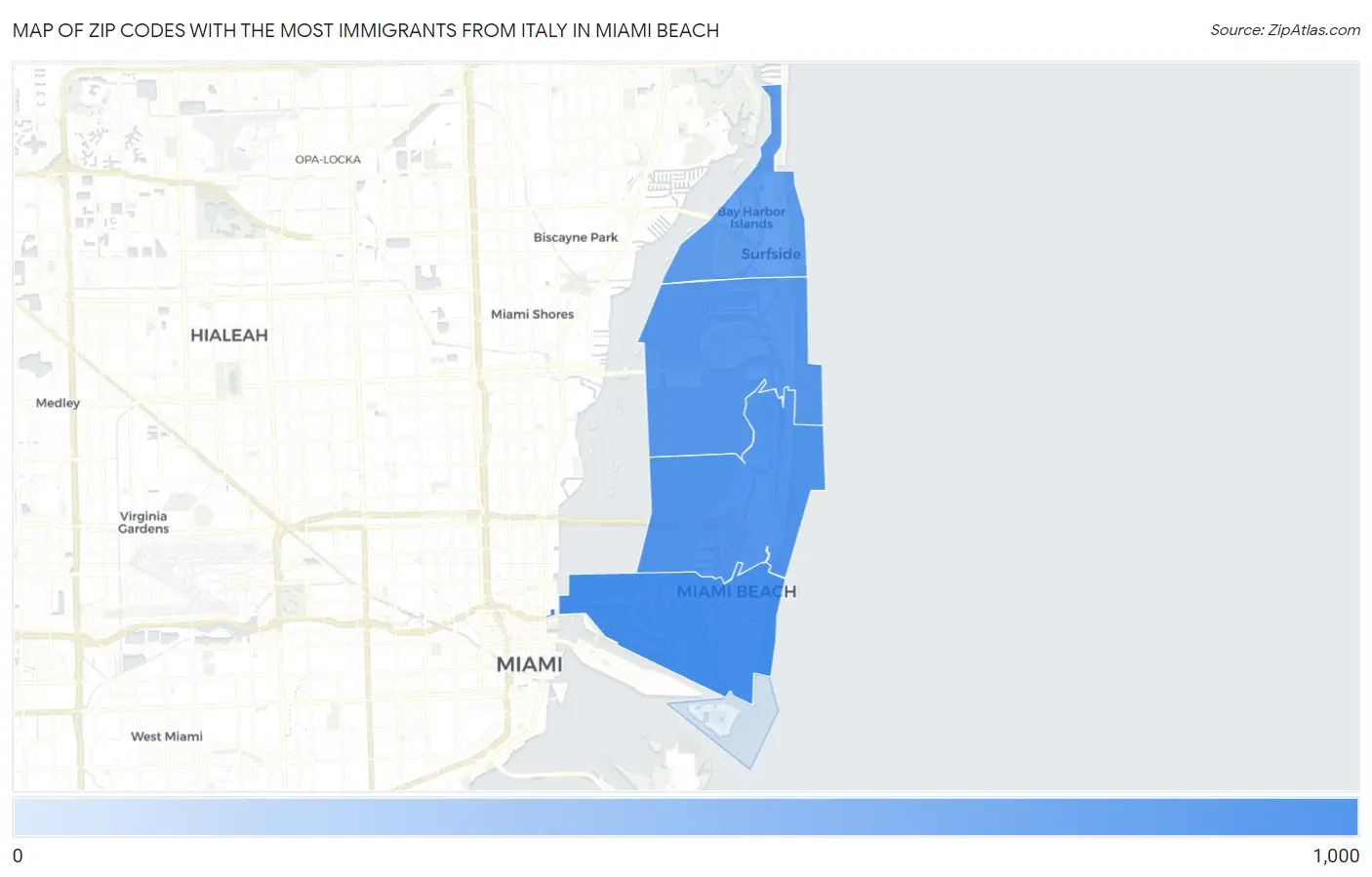 Zip Codes with the Most Immigrants from Italy in Miami Beach Map