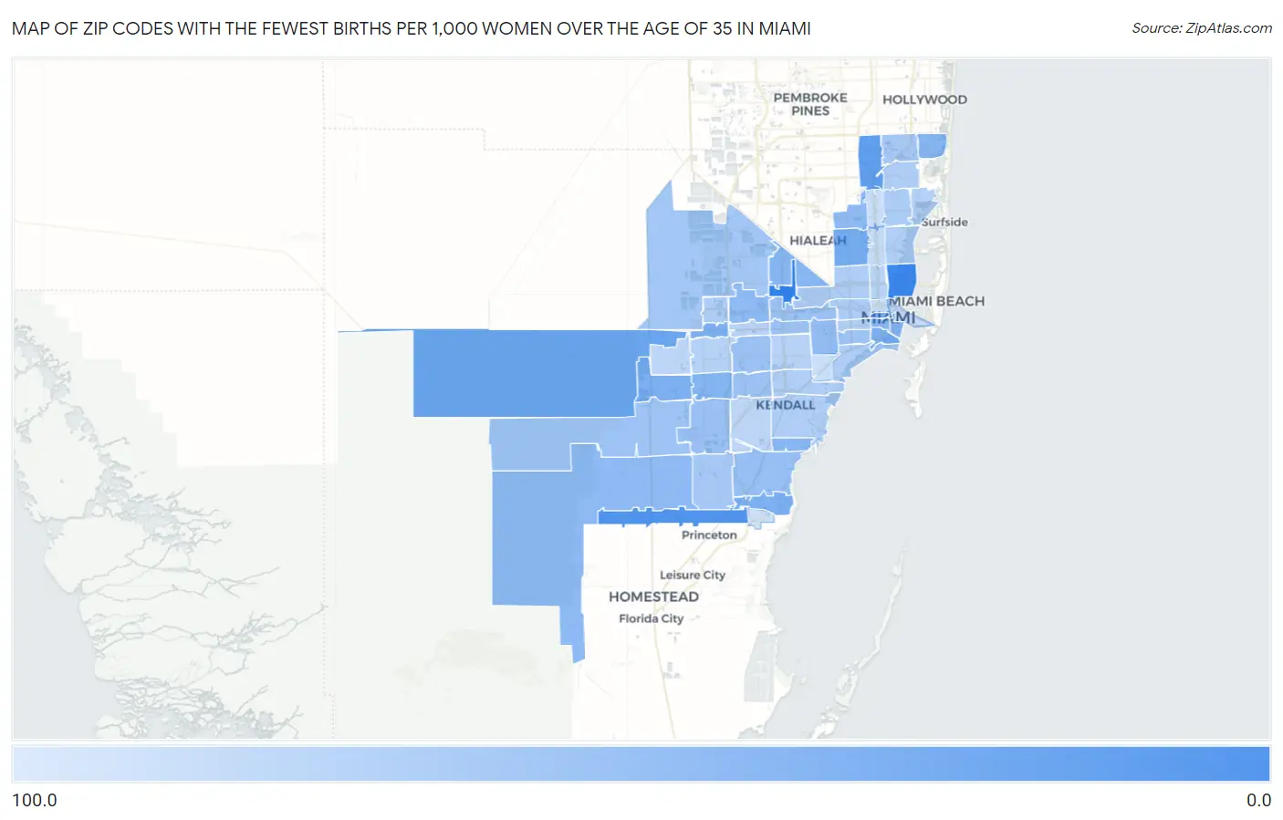 Zip Codes with the Fewest Births per 1,000 Women Over the Age of 35 in Miami Map