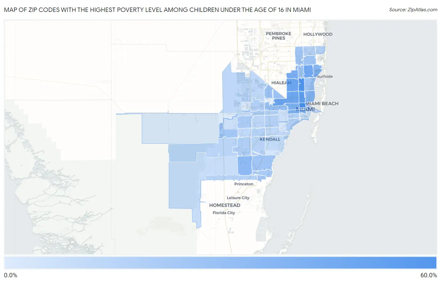 Zip Codes with the Highest Poverty Level Among Children Under the Age of 16 in Miami Map