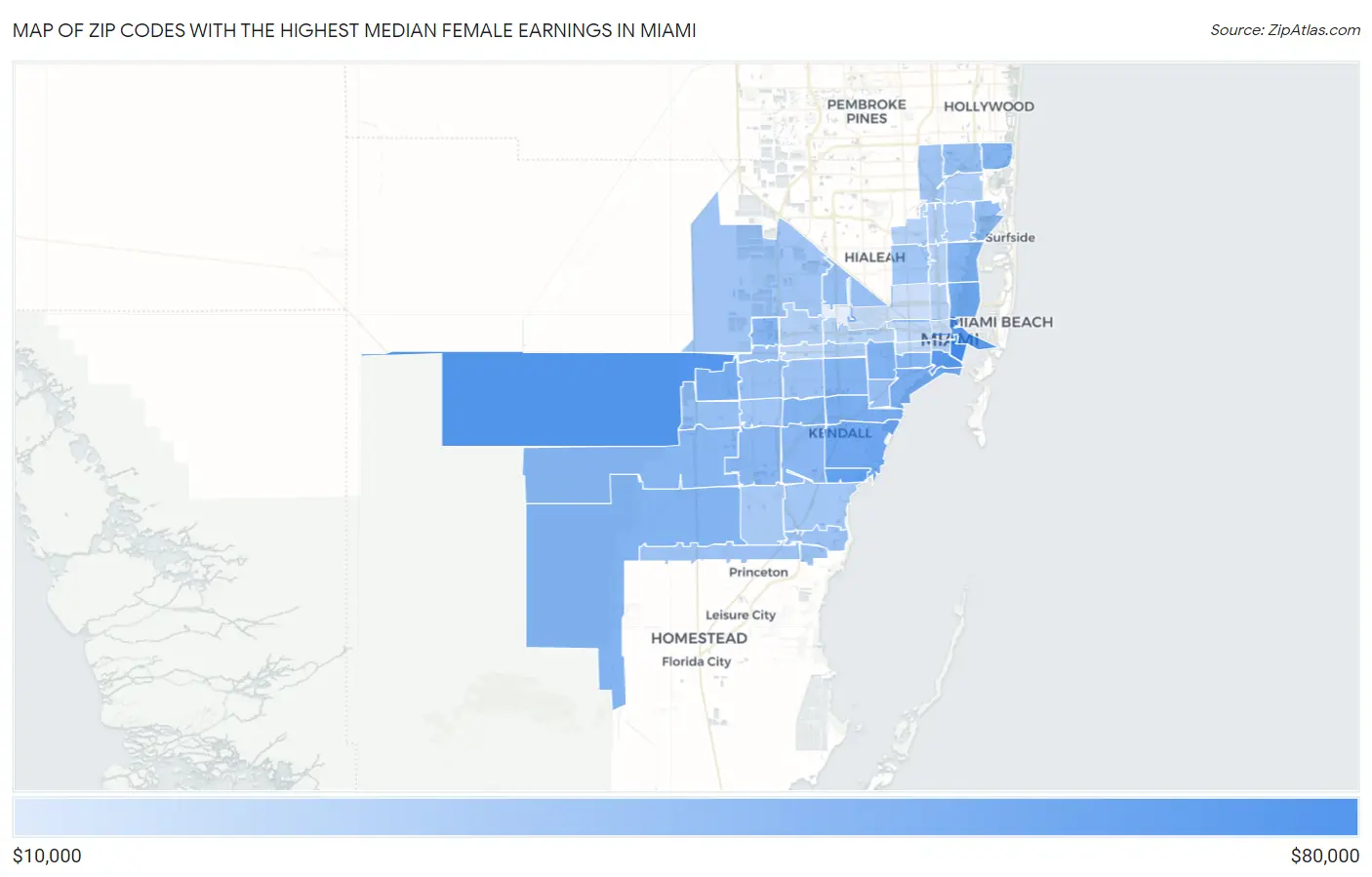 Zip Codes with the Highest Median Female Earnings in Miami Map