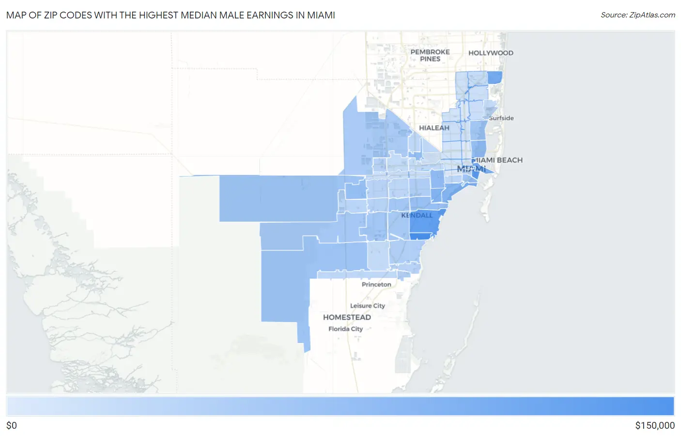 Zip Codes with the Highest Median Male Earnings in Miami Map