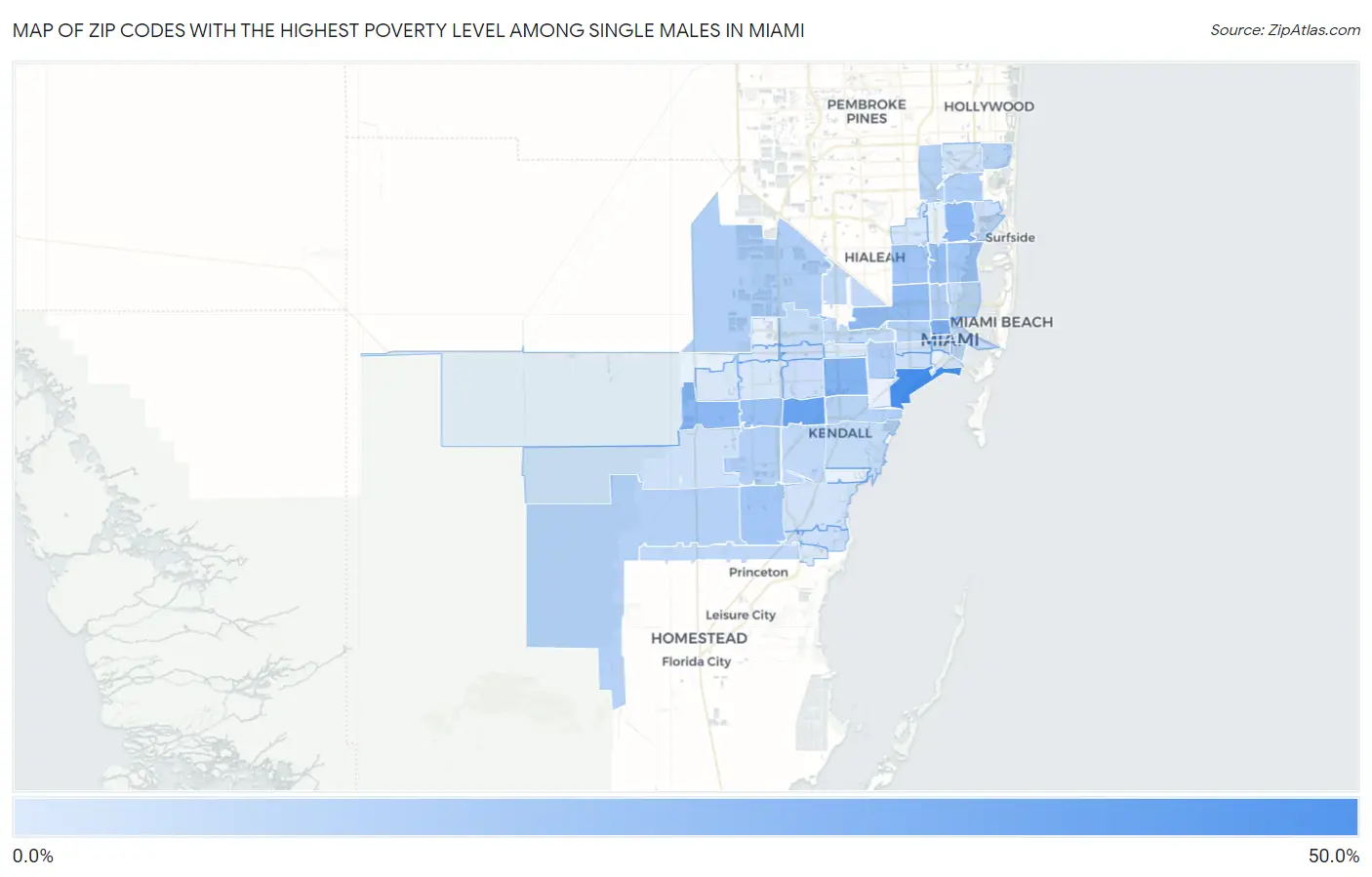 Zip Codes with the Highest Poverty Level Among Single Males in Miami Map