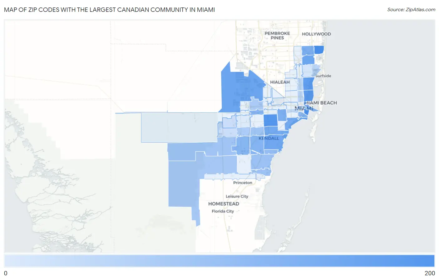 Zip Codes with the Largest Canadian Community in Miami Map