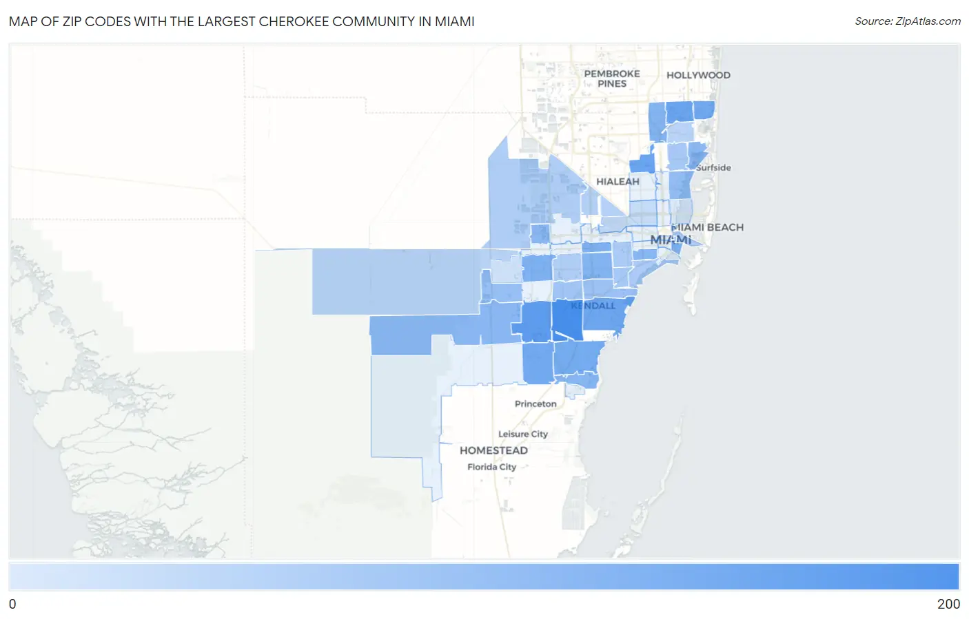 Zip Codes with the Largest Cherokee Community in Miami Map