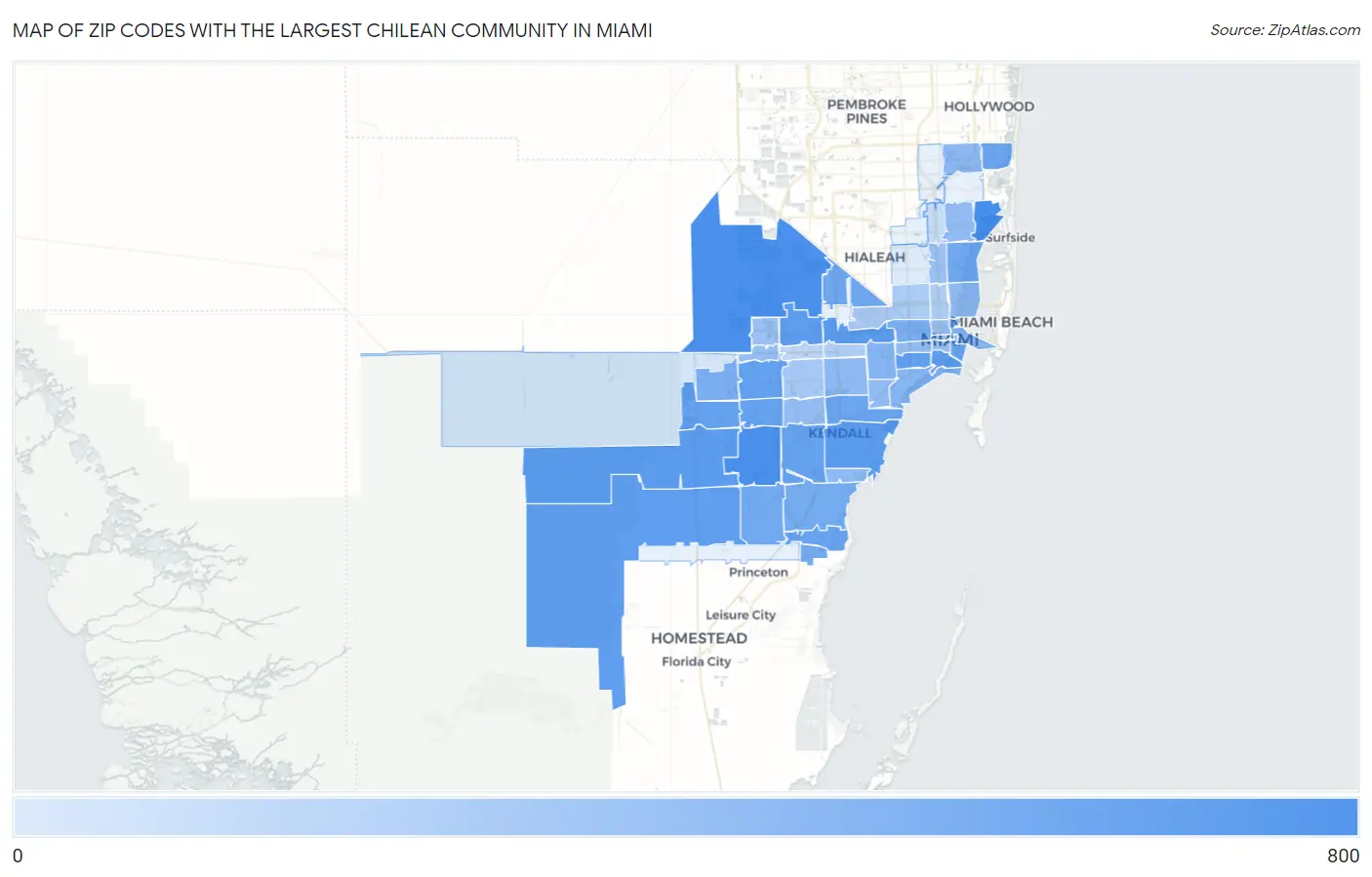 Zip Codes with the Largest Chilean Community in Miami Map