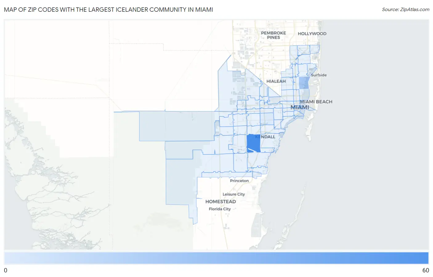 Zip Codes with the Largest Icelander Community in Miami Map