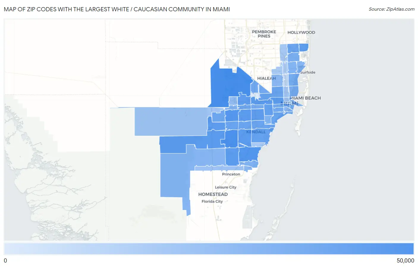 Zip Codes with the Largest White / Caucasian Community in Miami Map