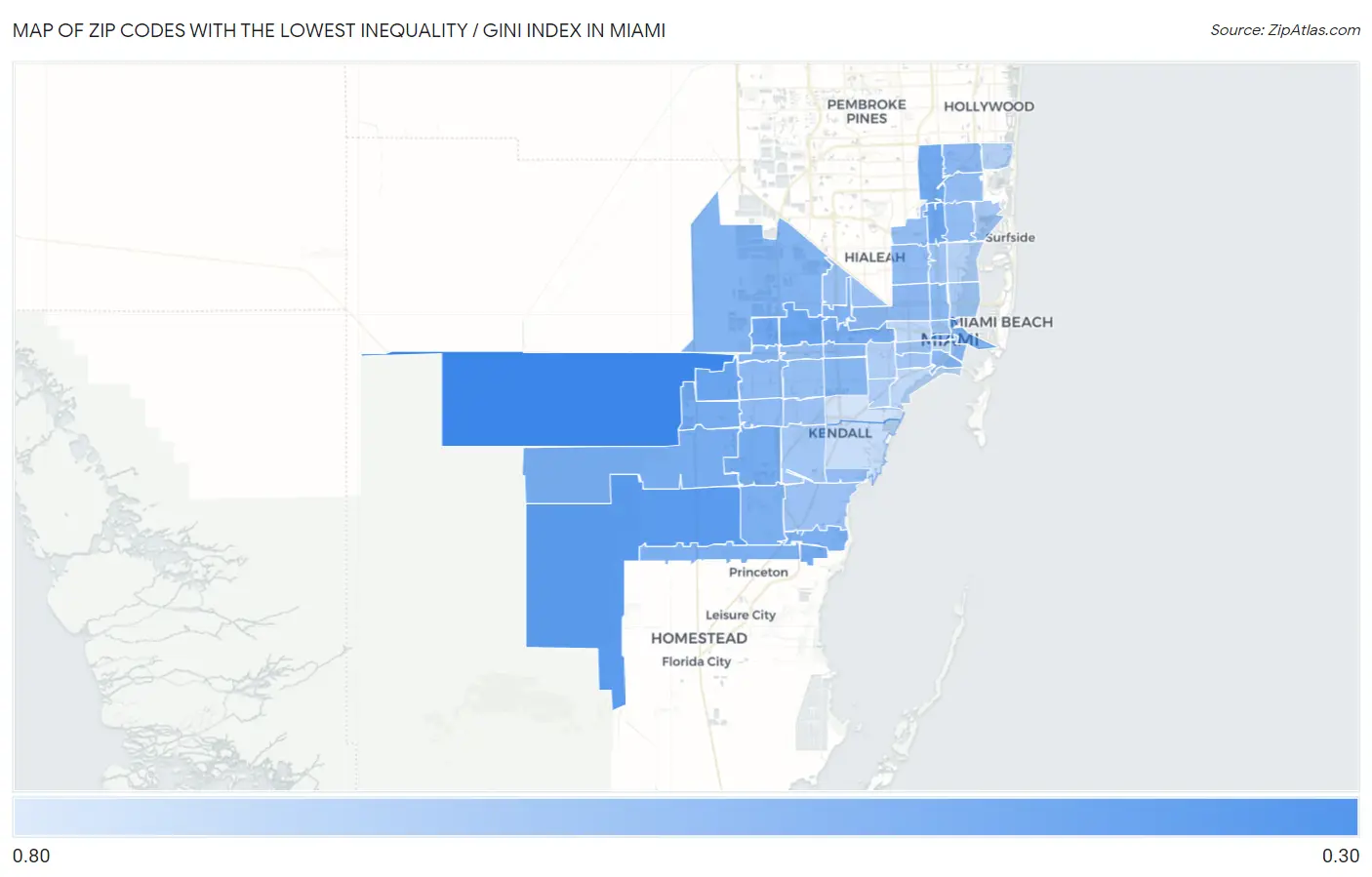 Zip Codes with the Lowest Inequality / Gini Index in Miami Map